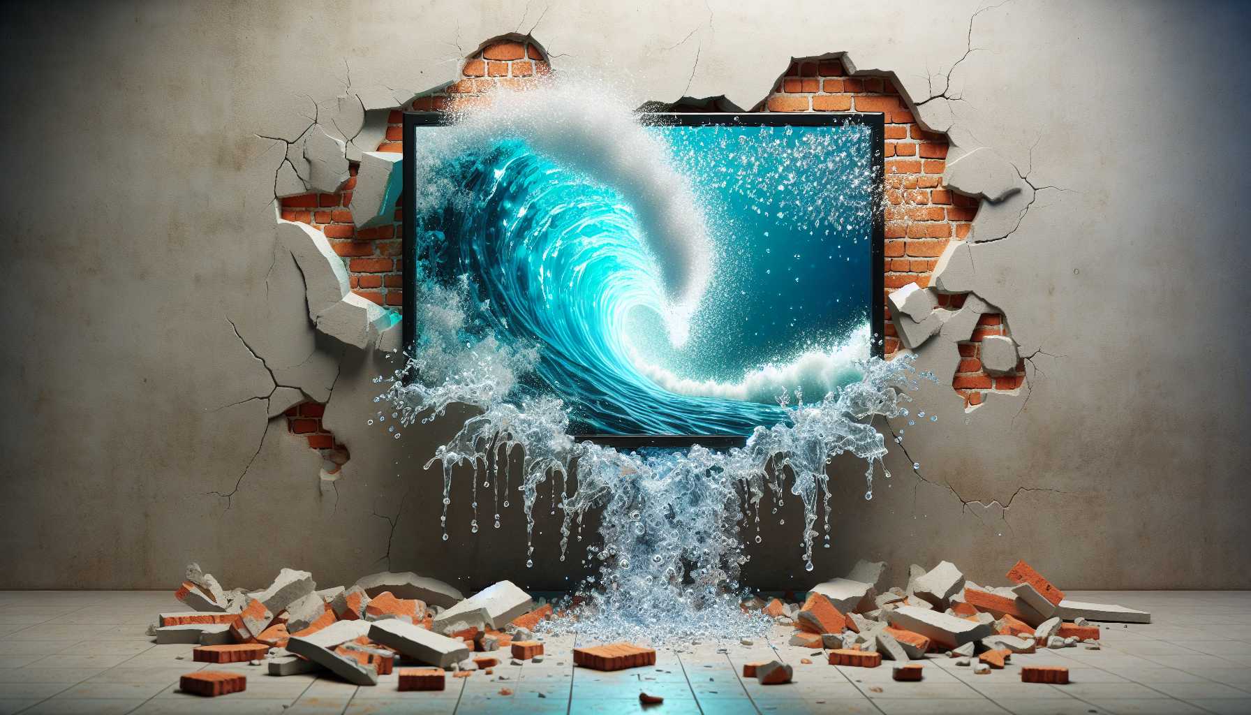 A whimsical illustration of a stream unraveling from a TV screen and breaking through a wall