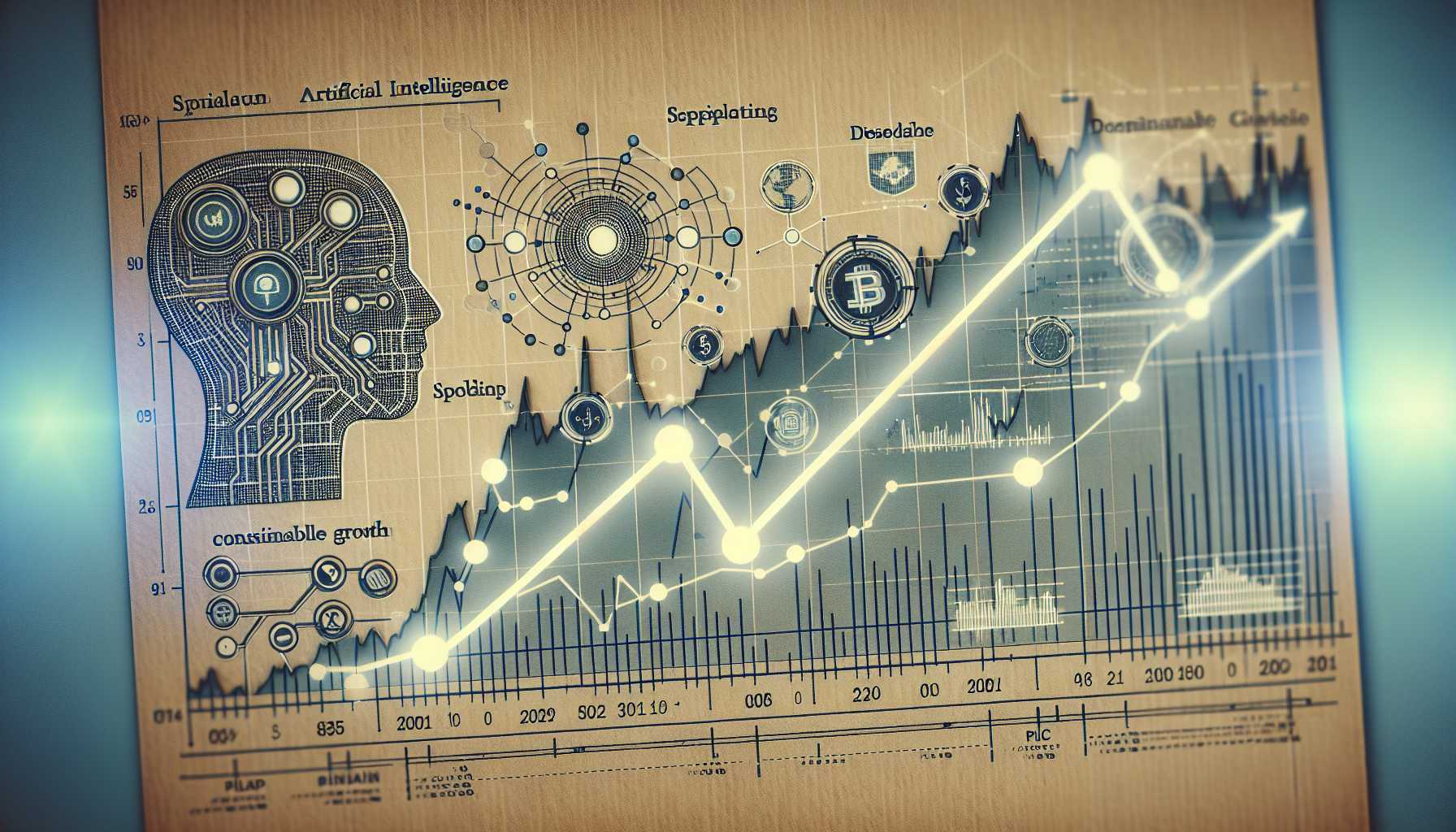 A stock market graph showing a surge in AI sectors, with bubble versus solid growth symbols