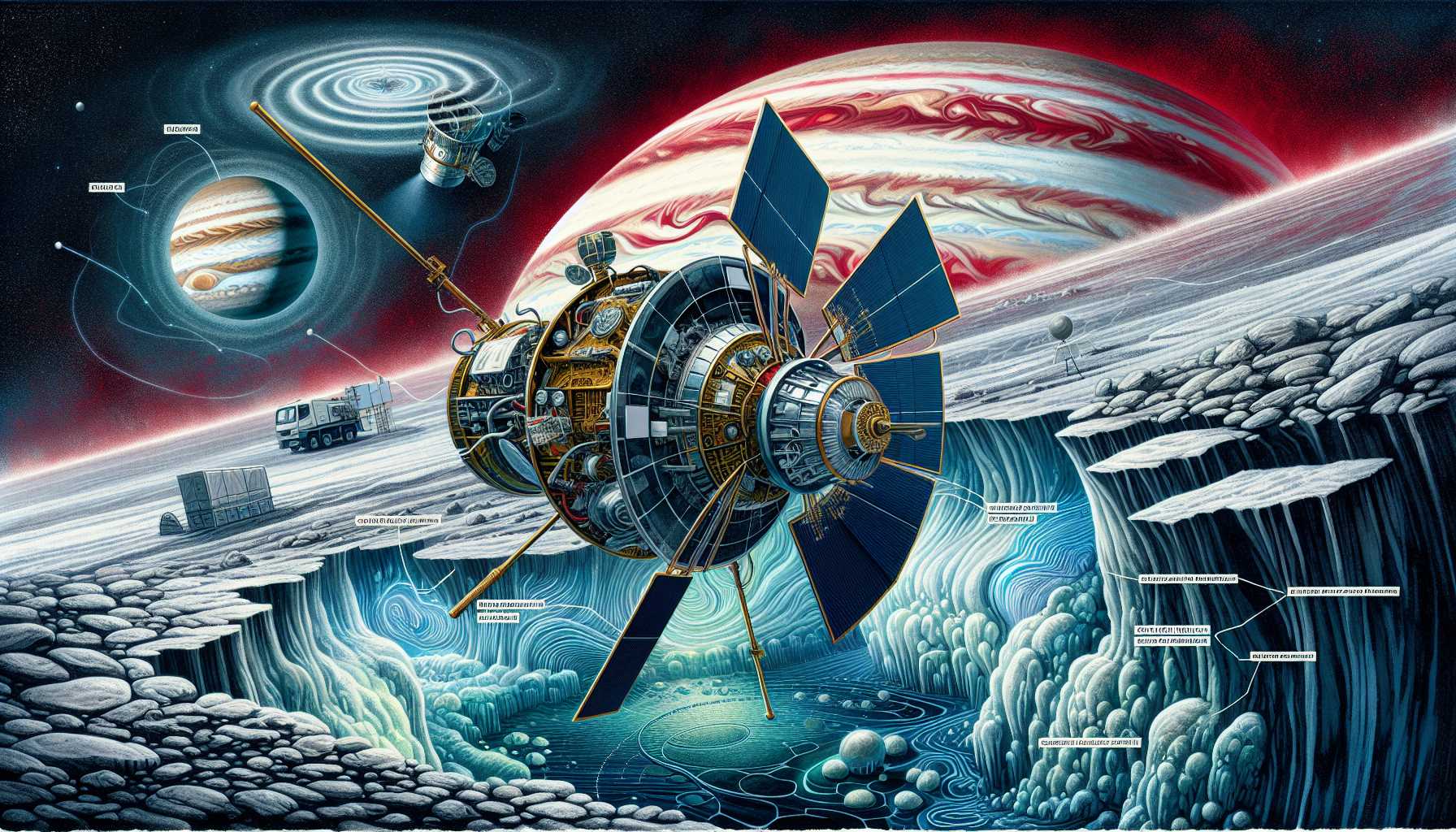 an illustration of Juno spacecraft equipped with the Jovian Auroral Distributions Experiment analyzing Europa