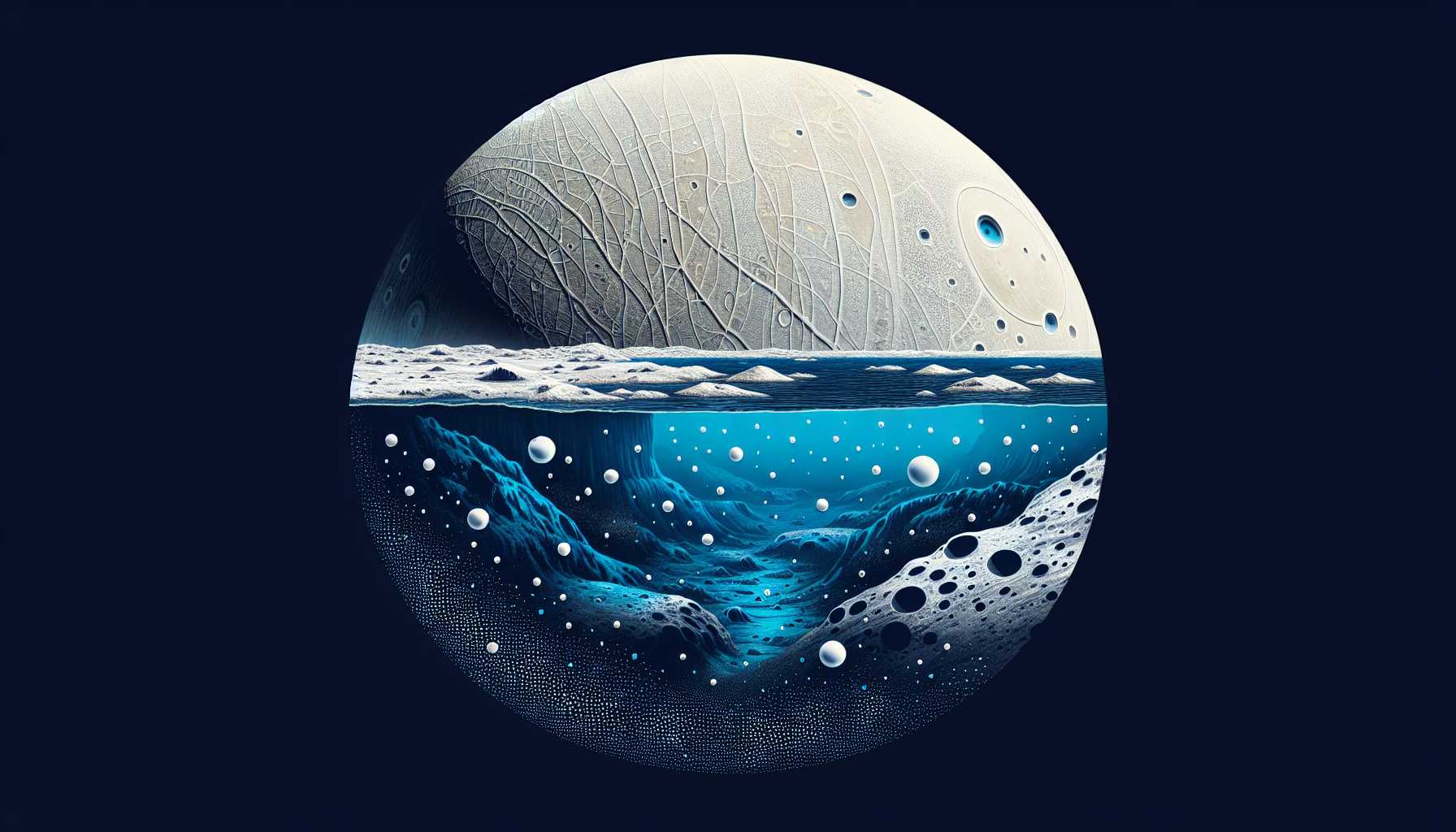 a graphical representation of Europa’s subsurface ocean and the potential for life with oxygen molecules around it