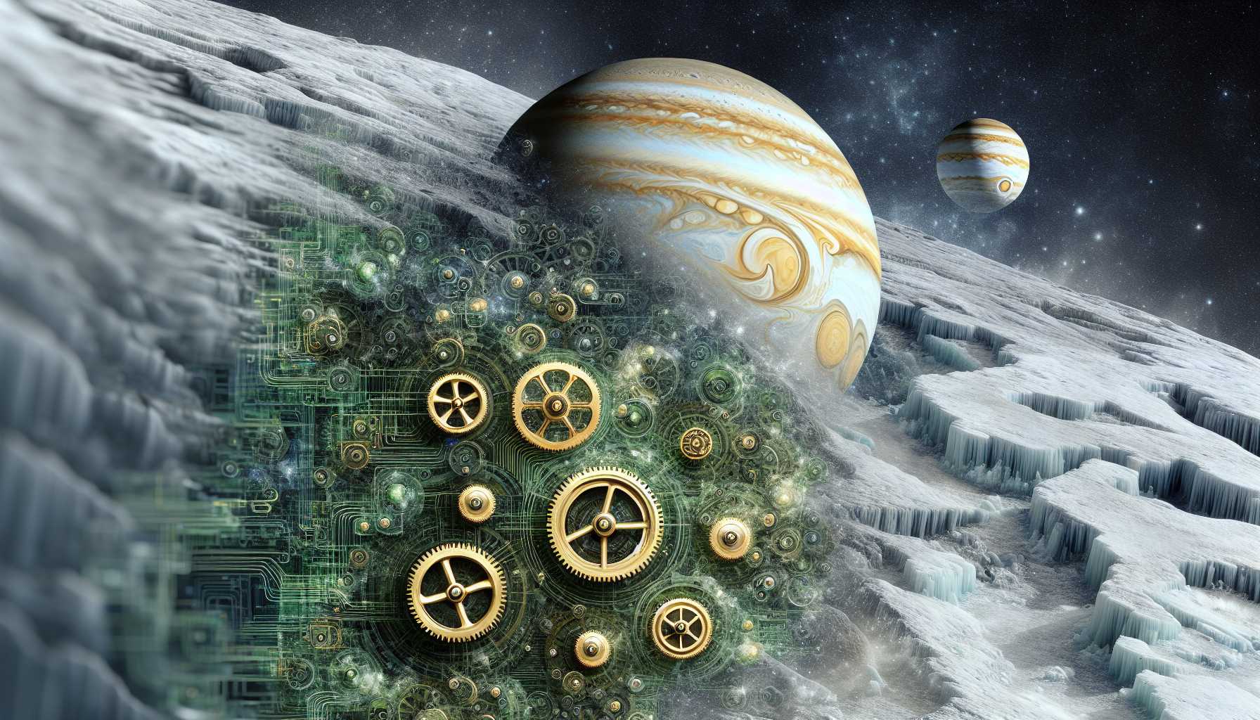 a composite image representing technology and space exploration with Europa, cogwheels, and circuitry intermingled