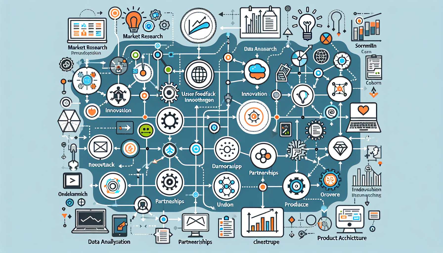 a diagram showing interconnections between market research, innovation, user feedback, data analytics, partnerships, and product architecture