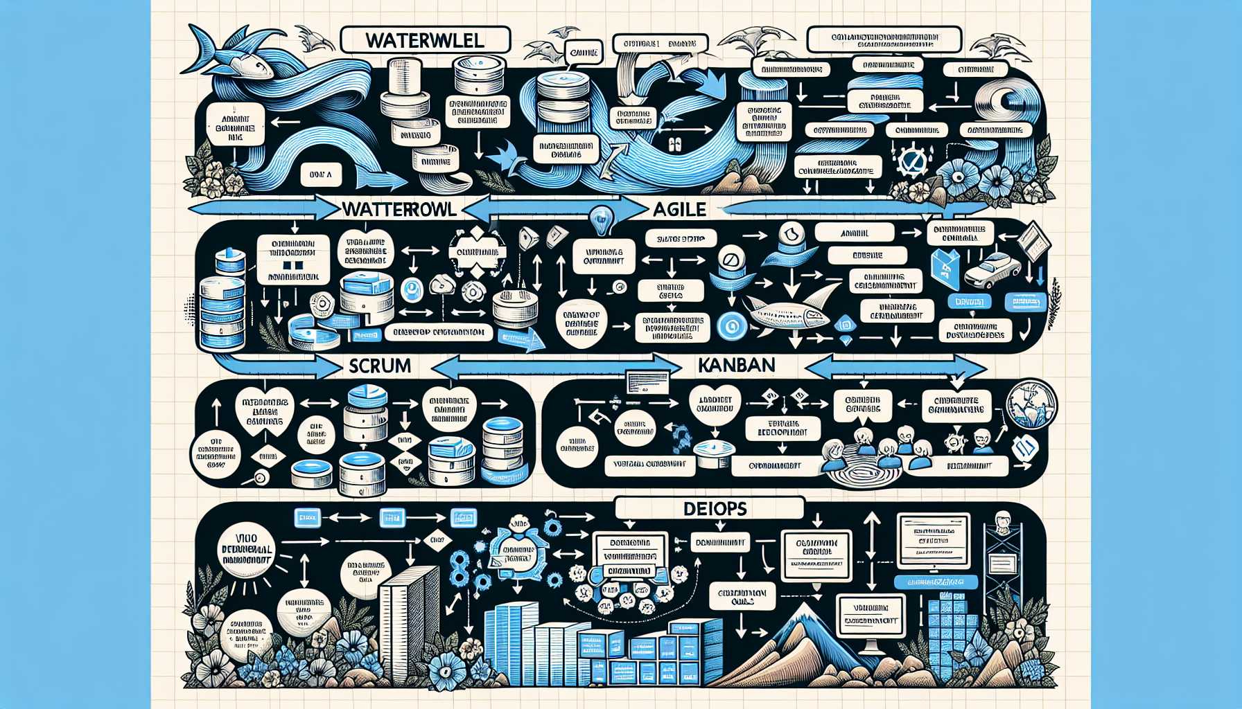 a comparative flowchart of software development methodologies like Waterfall, Agile, Scrum, Kanban, and DevOps