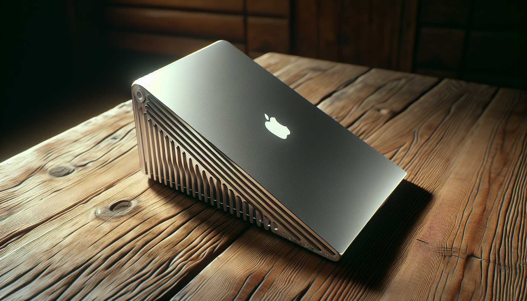 Vintage MacBook Air with iconic wedge design on a wooden table