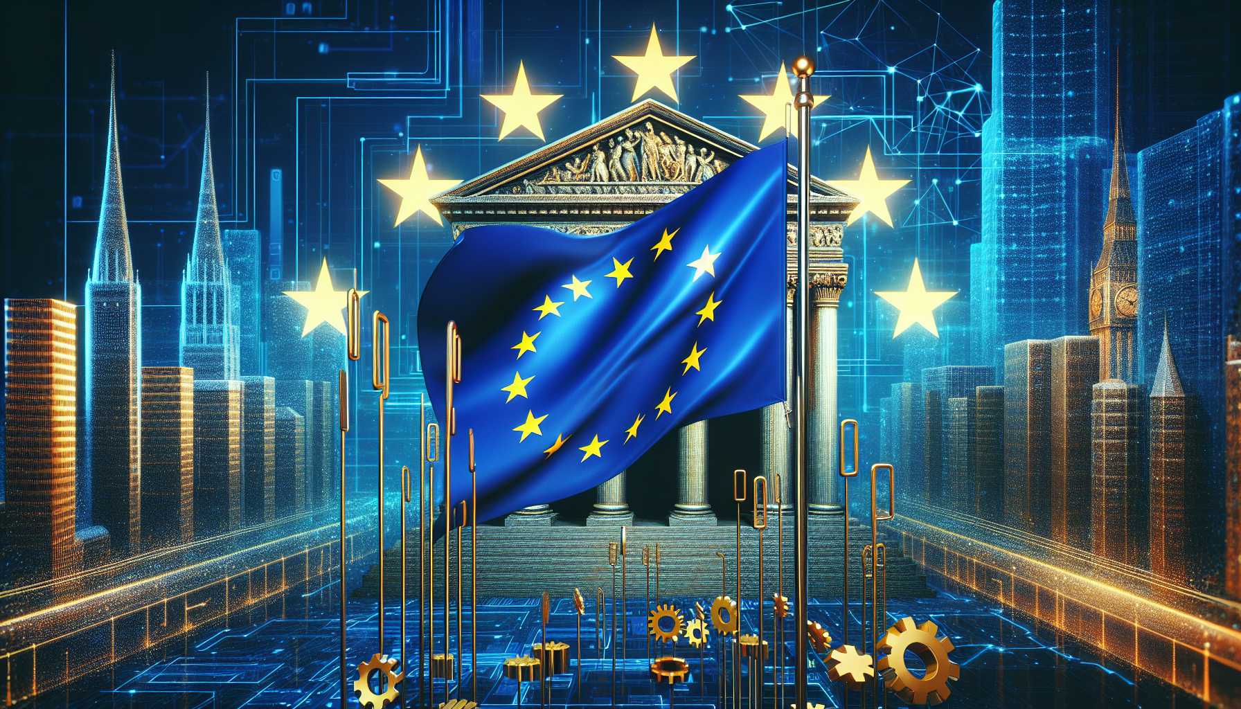 Digital Markets Act concept illustration with European Union flag and tech company logos