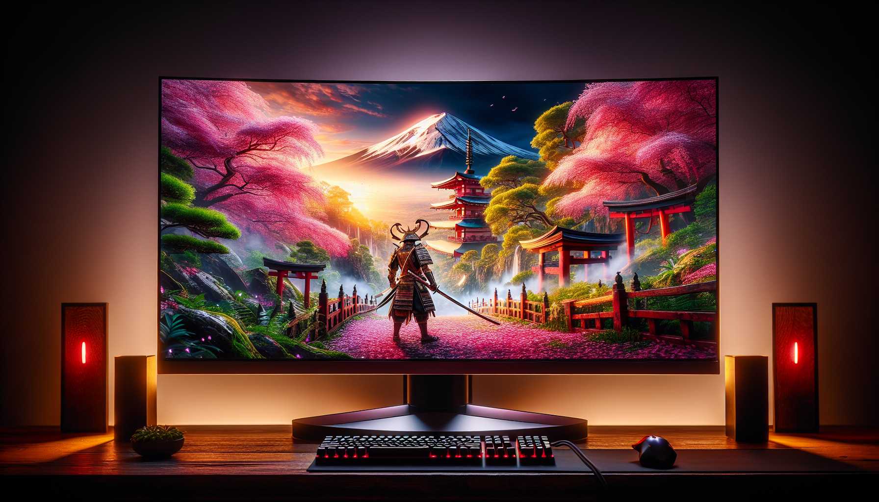 Ultra-wide gaming monitor showcasing Ghost of Tsushima