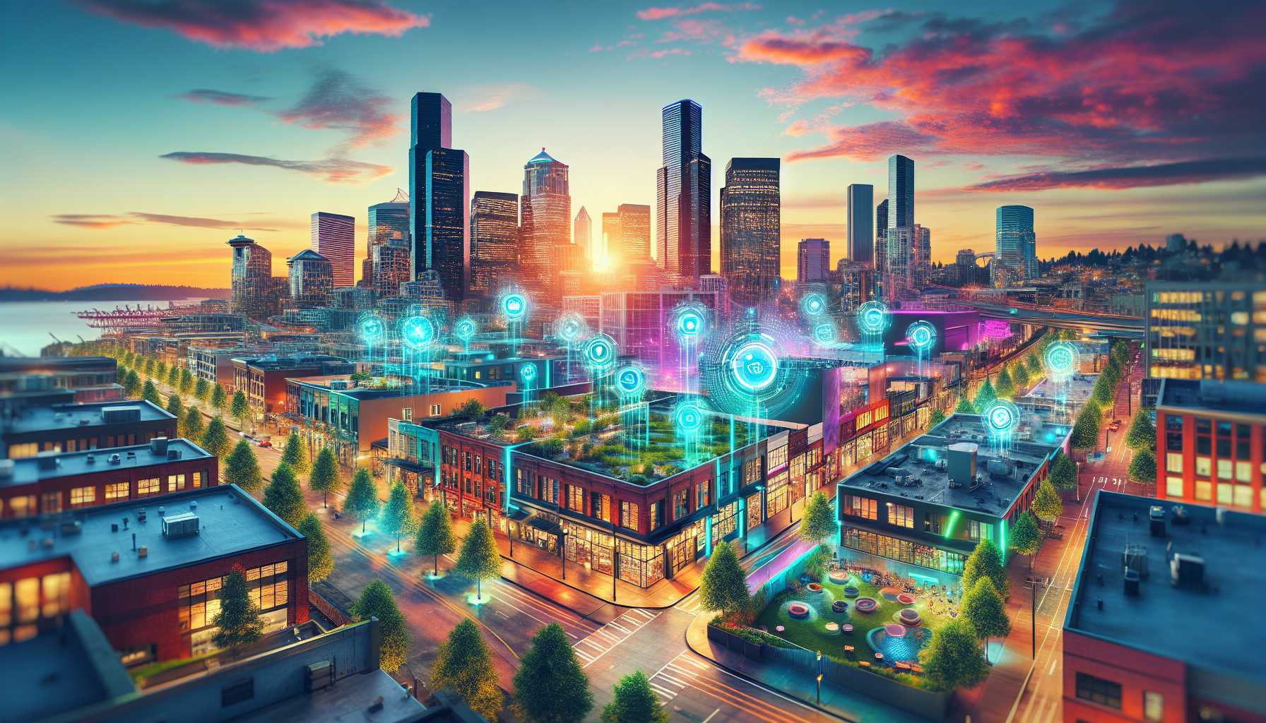 Seattle cityscape with tech companies and AI icons