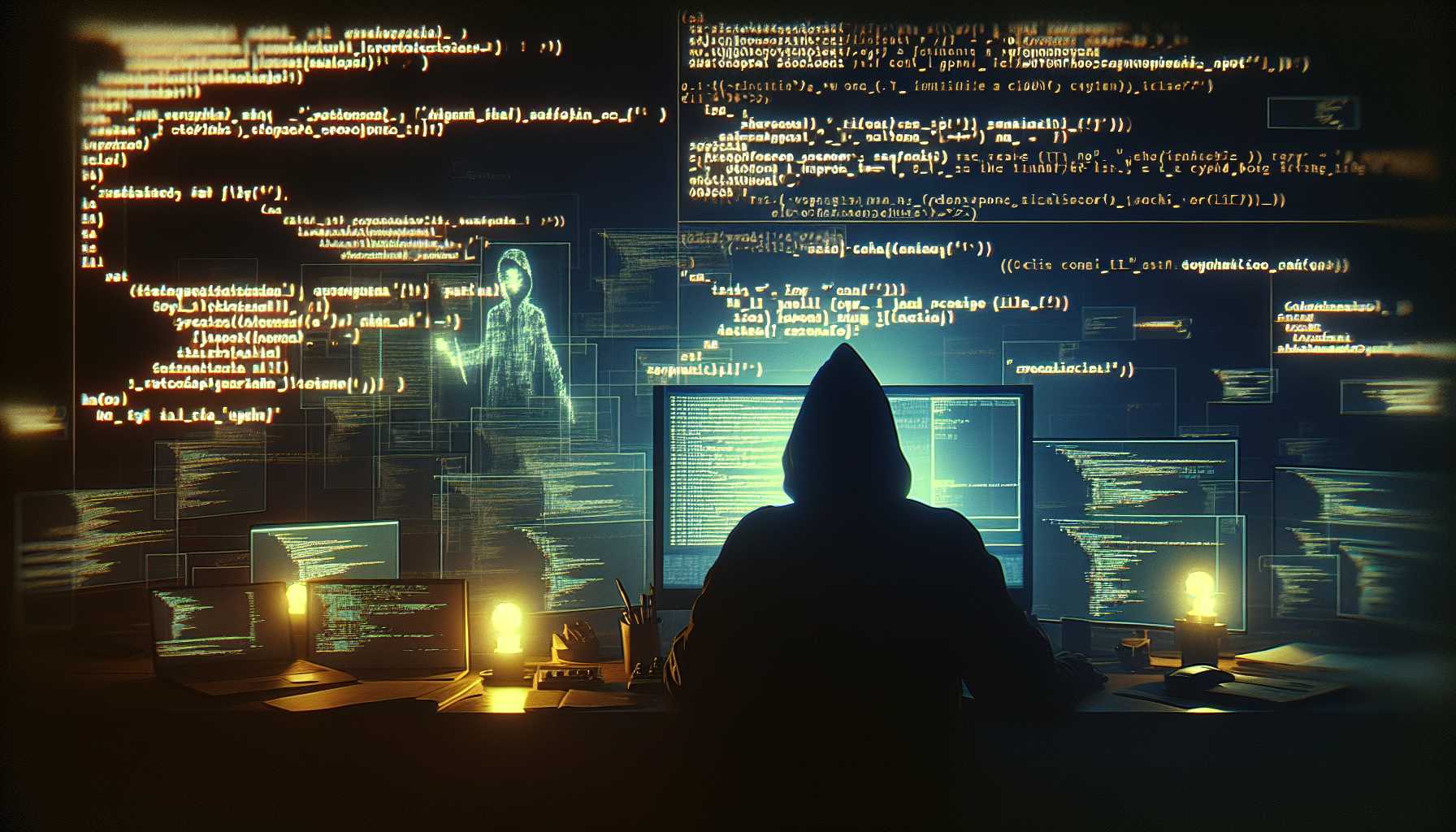 computer screen with source code and Russian cyber hacker silhouette in the background