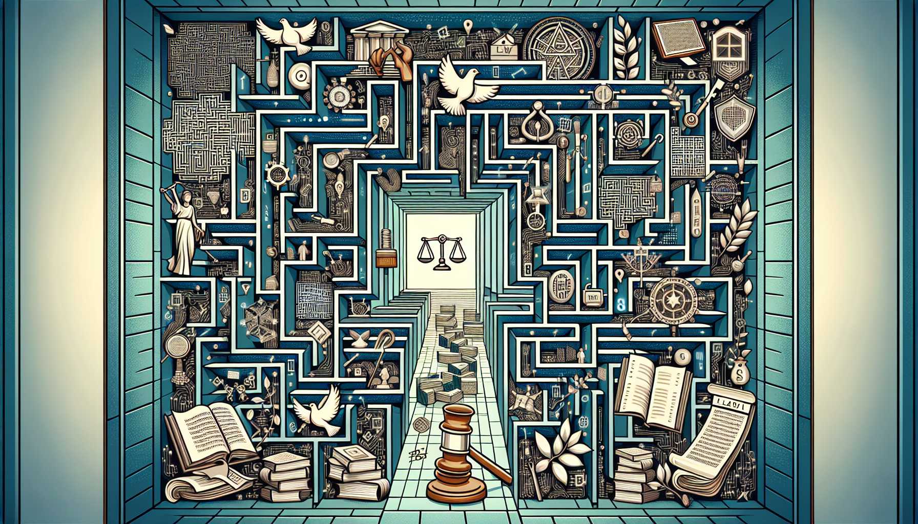 maze with digital and ethical symbols leading to the center of legal documents