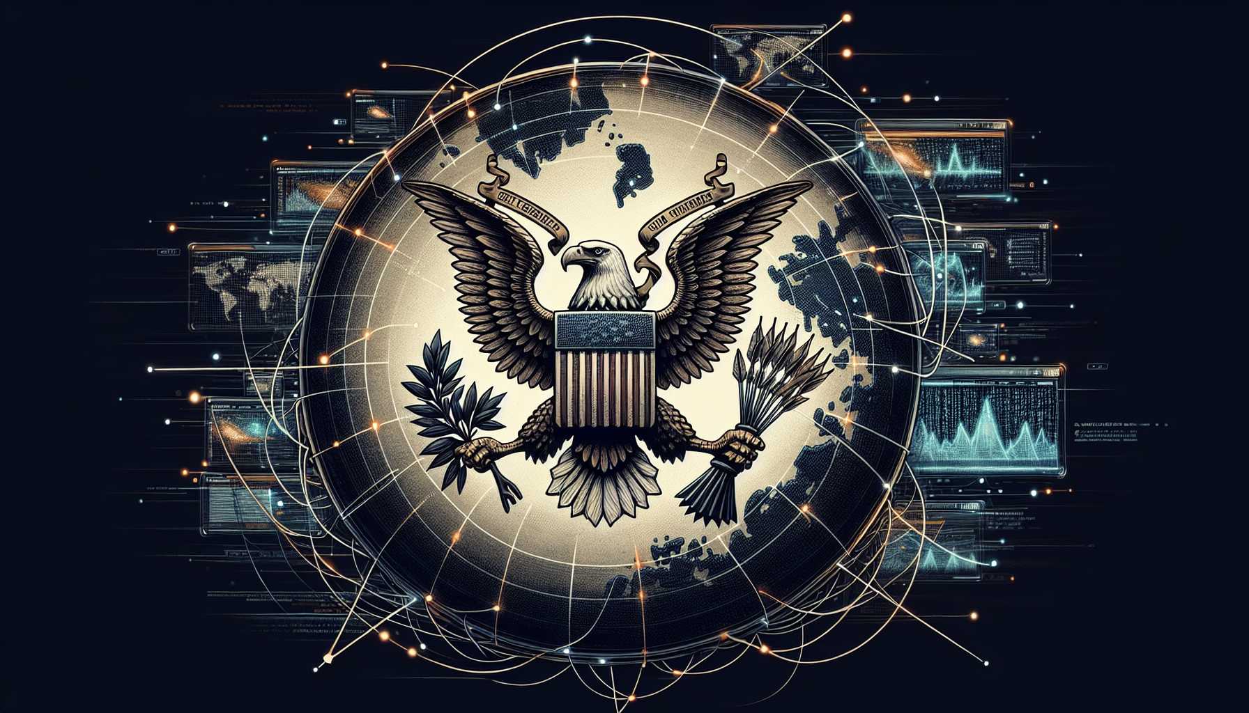 US government seal symbolizing sanctions against individuals with a spyware interface