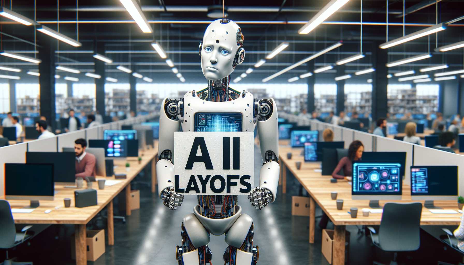 sad robot with an 'AI Layoffs' sign in a tech company setting