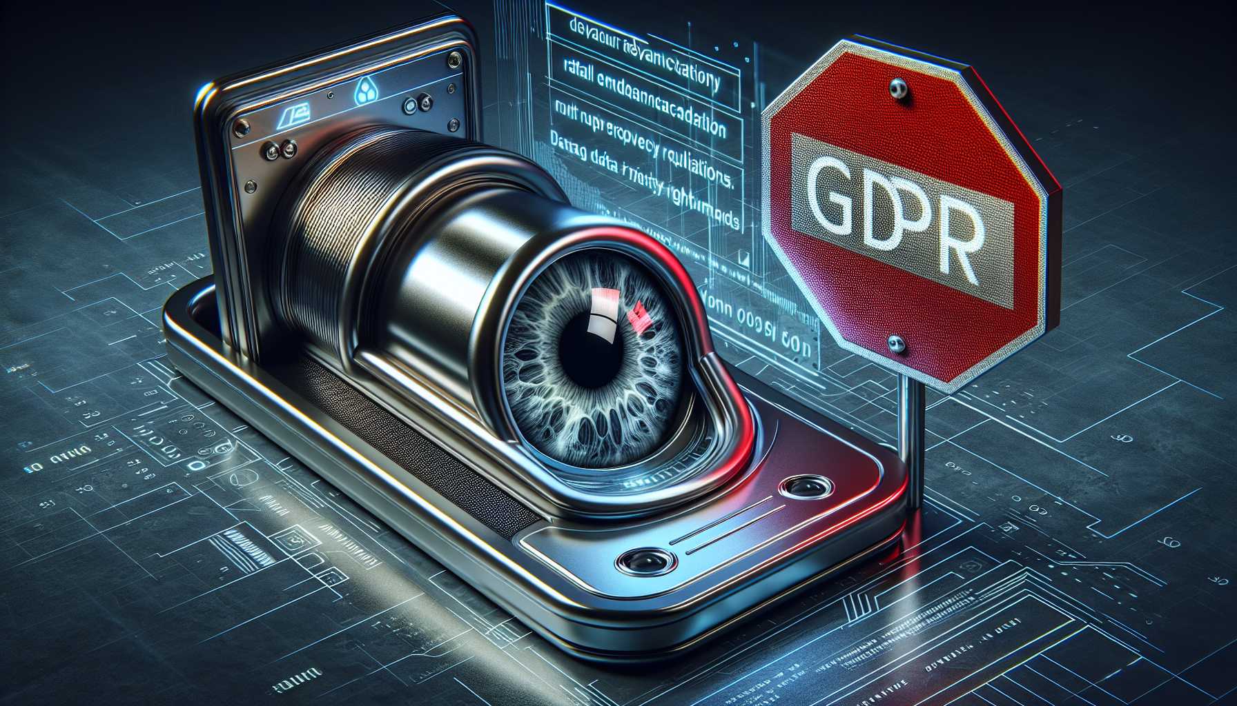 eyeball scan biometric device with 'Stop' sign by GDPR regulation