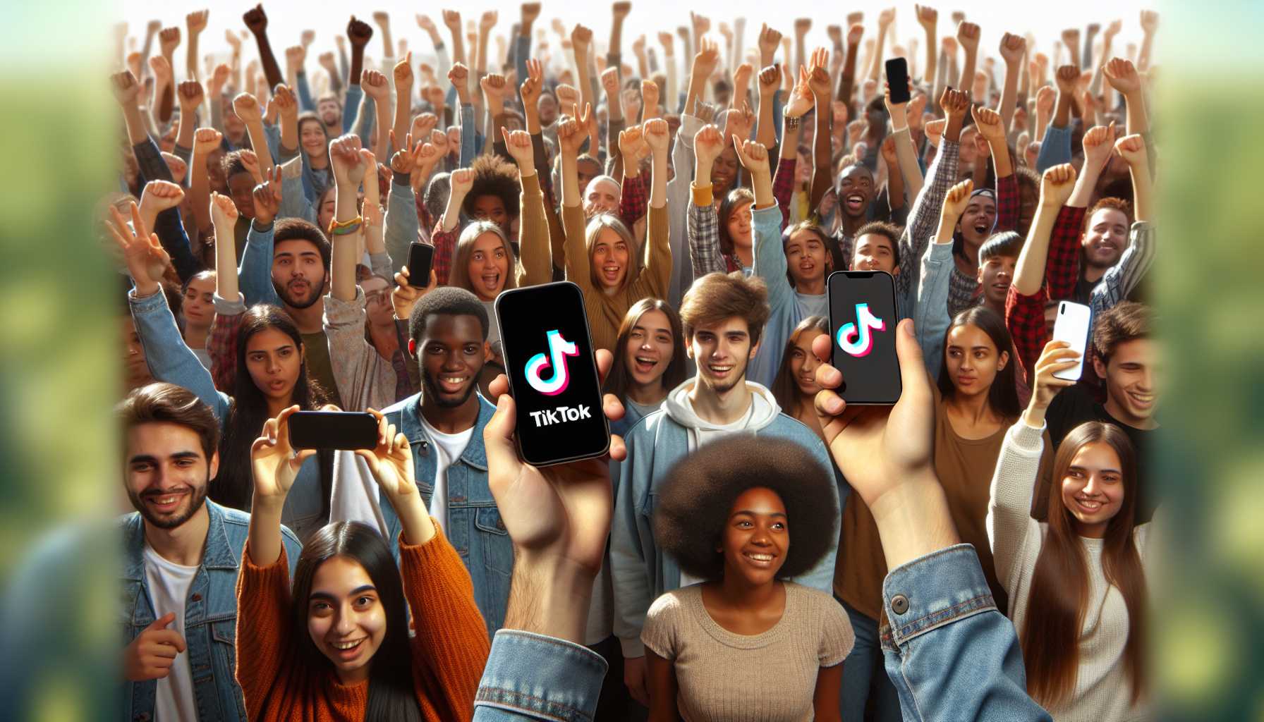 young people in a crowd holding up mobile phones with TikTok app visible