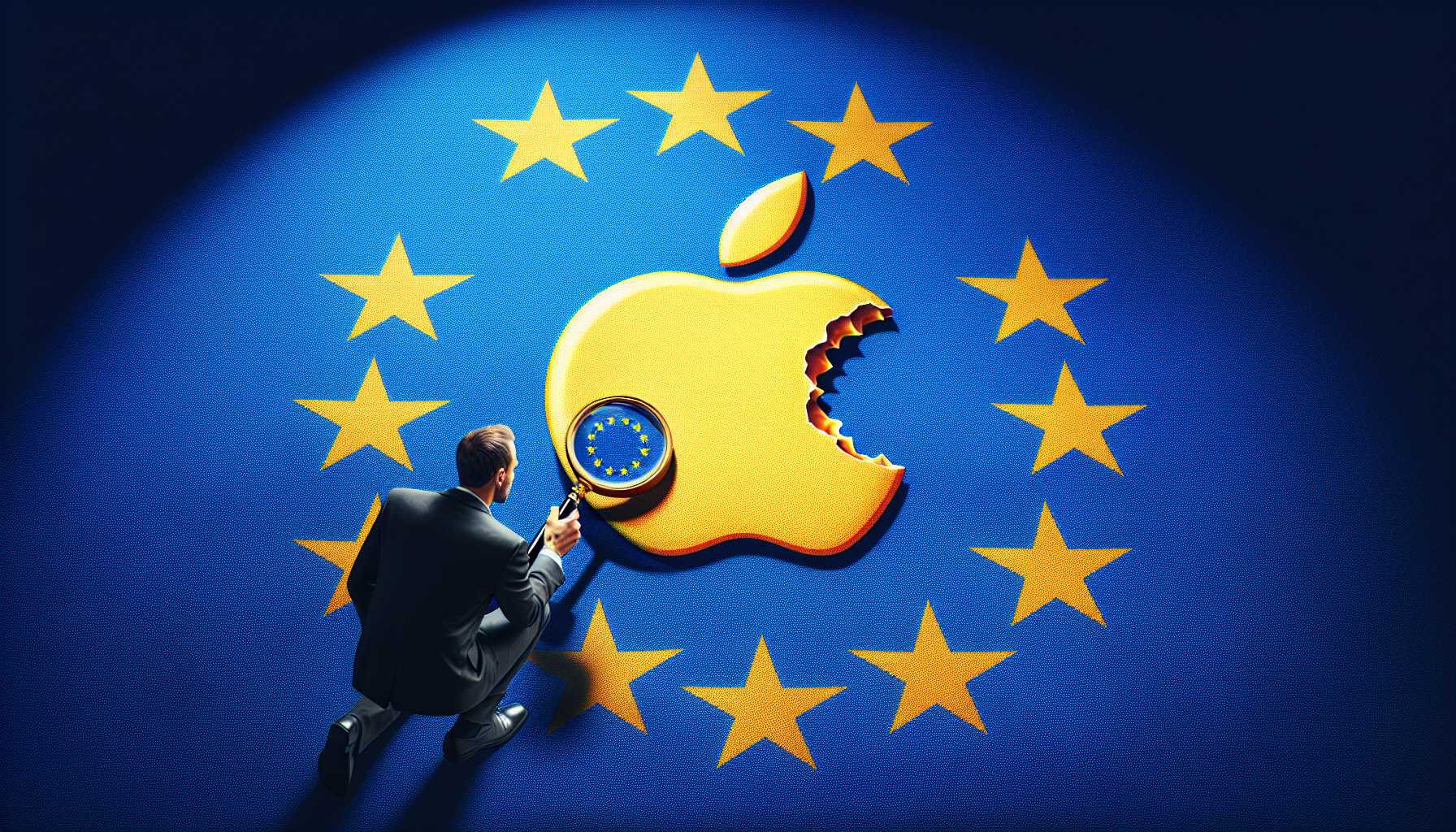 EU flag with Apple logo undergoing inspection with magnifying glass