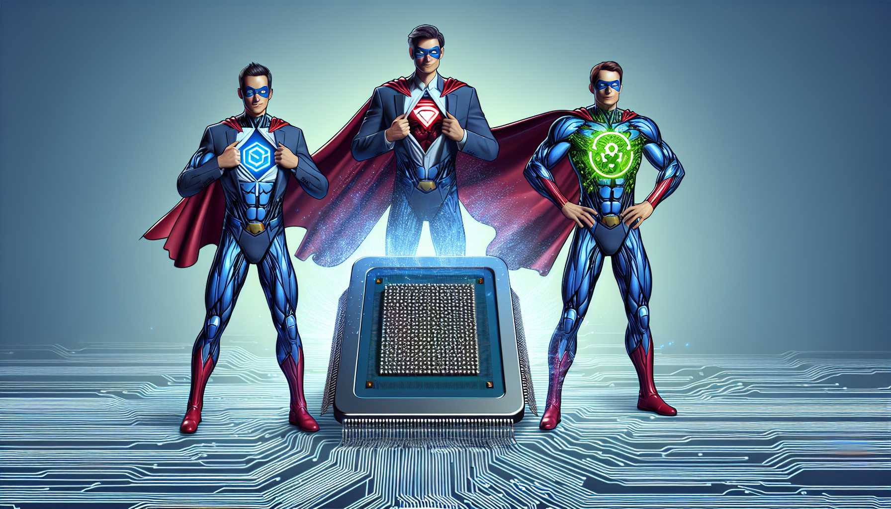 Nvidia, Super Micro Computer, and Taiwan Semiconductor represented as three superheroes powering an AI robot