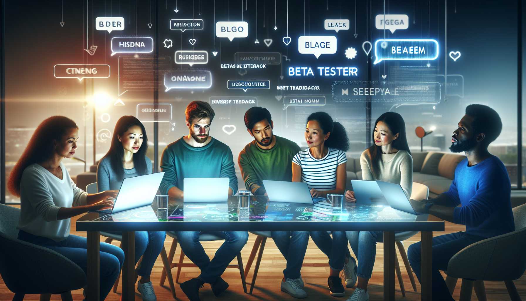 a dedicated group of beta testers providing feedback to a tech team, symbolized by a group around a table with dialogue bubbles and digital devices