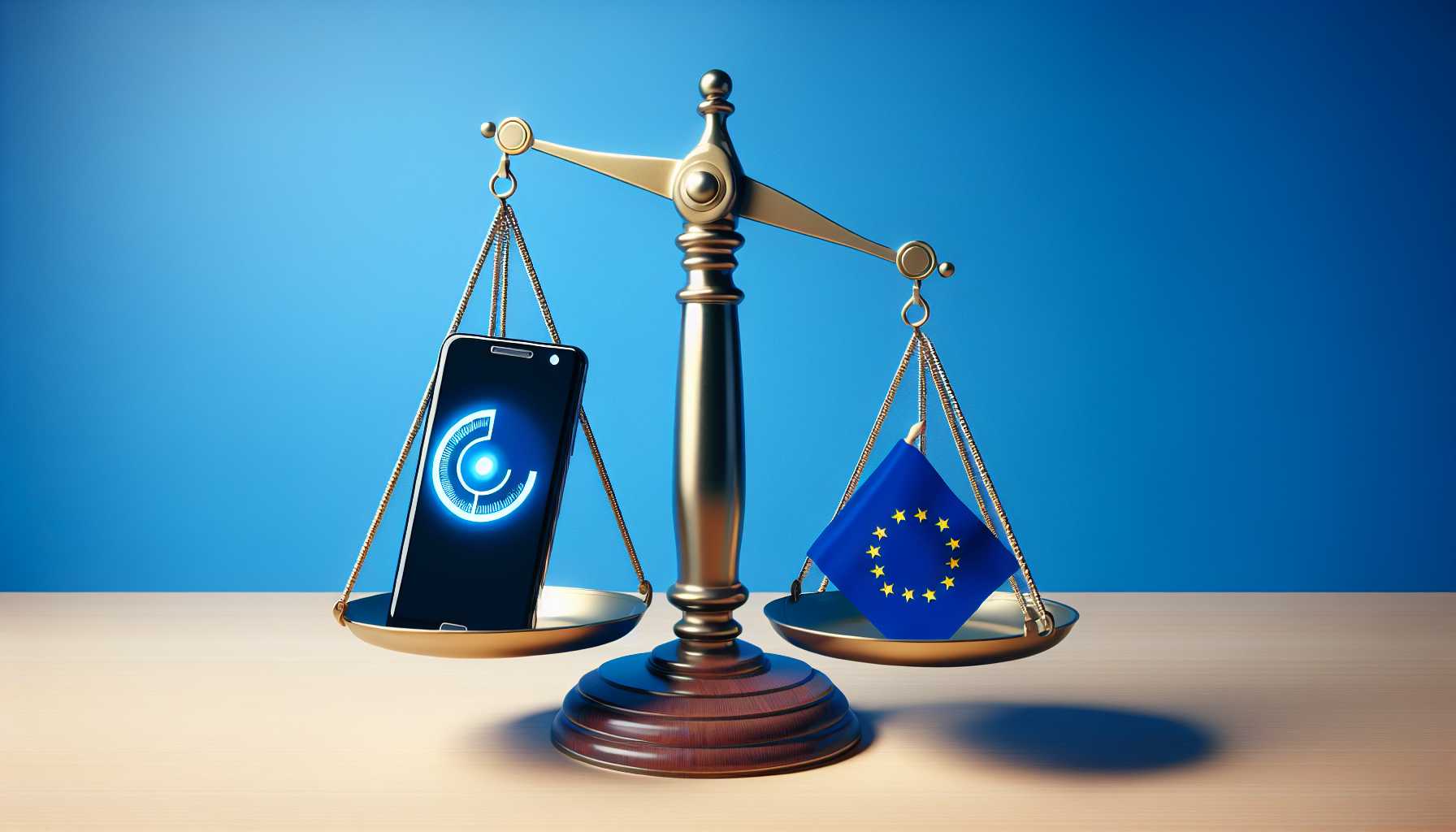 a scale balancing a smartphone and EU flag, symbolizing regulation