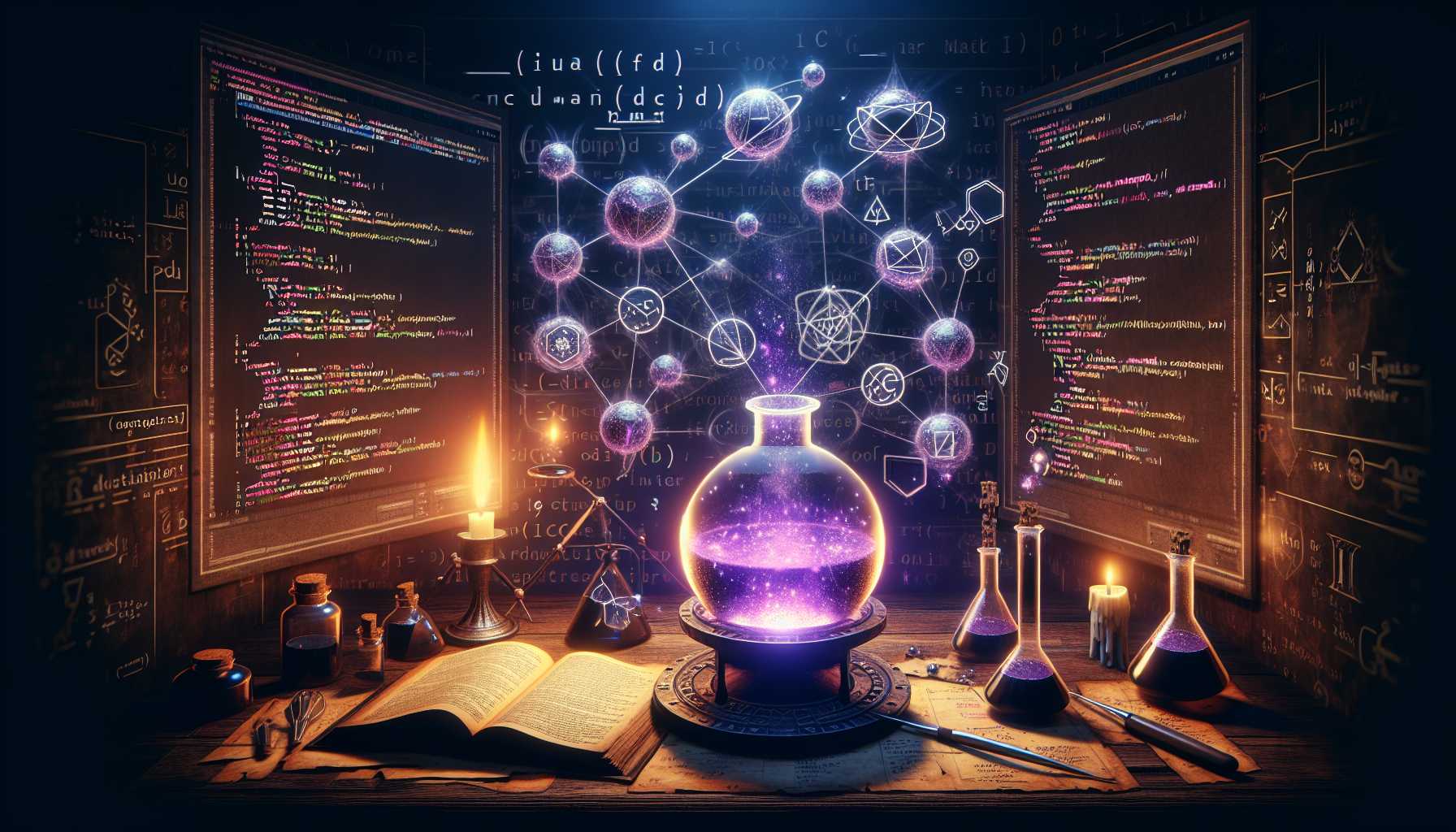 a conceptual graphic of Microsoft Visual Studio as an alchemist's lab