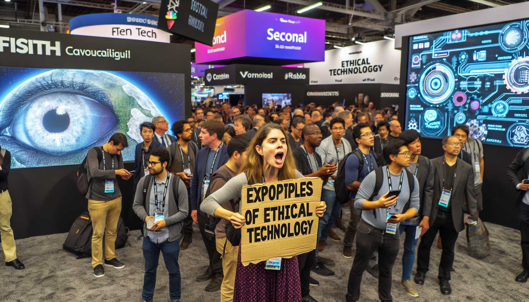 protester at a tech event advocating for ethical technology