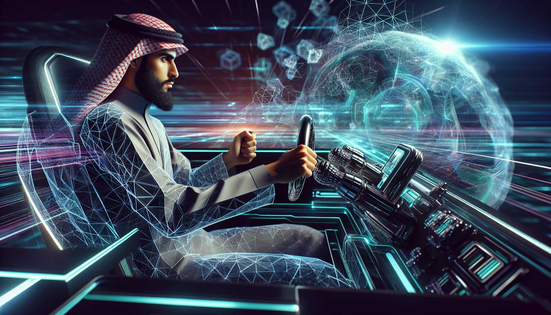 a person at the helm of a futuristic steering wheel navigating through digital space