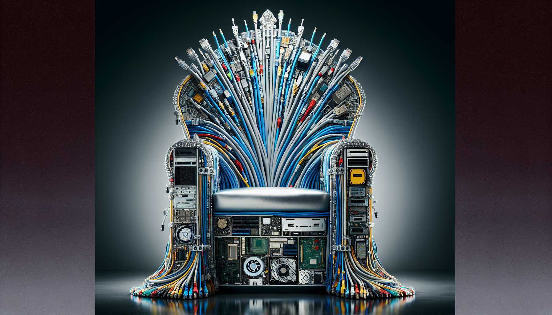 a game of thrones-like chair made of ethernet cables and computer parts