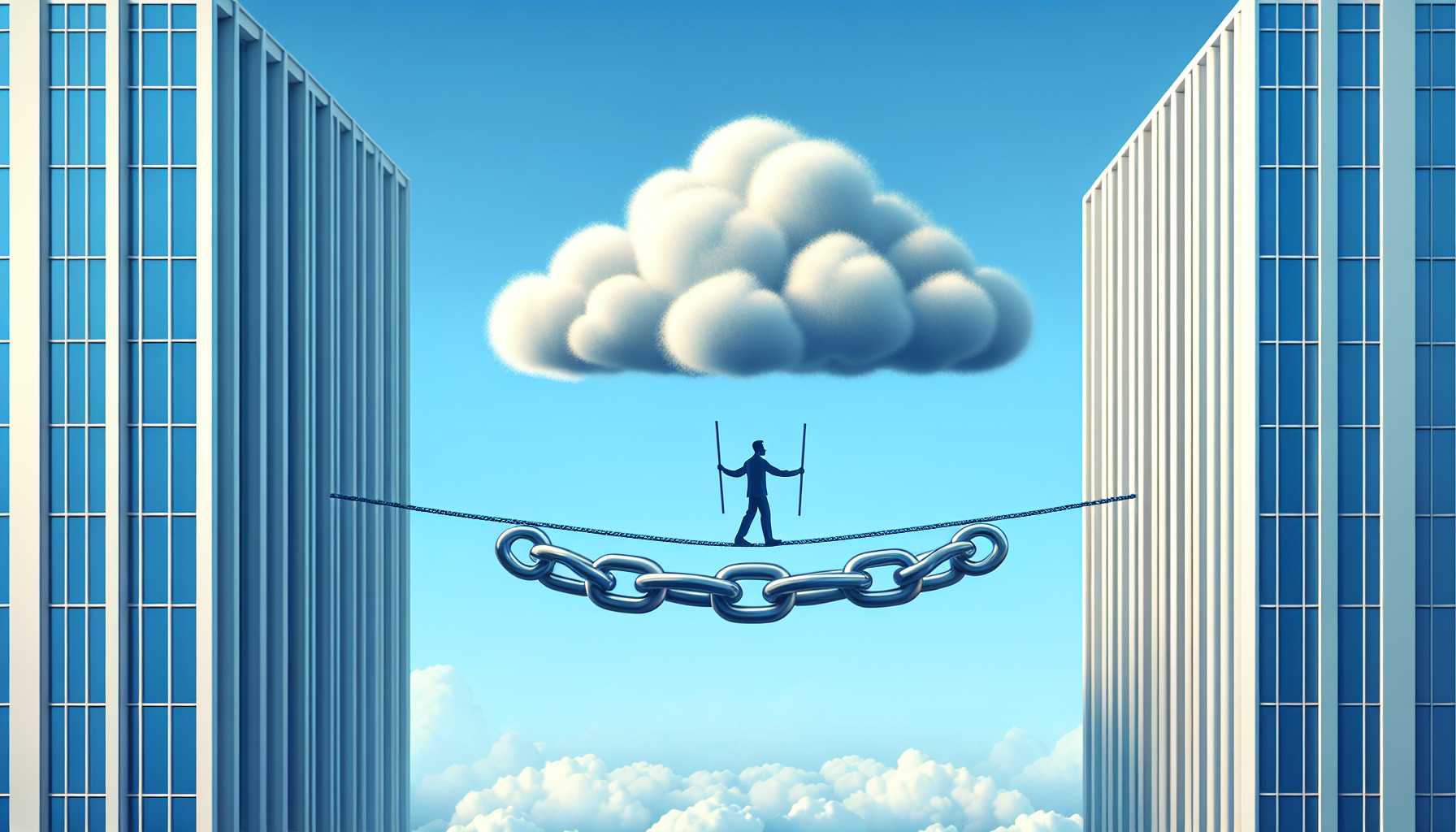 a tightrope walker balancing between the Salesforce cloud and Slack logo