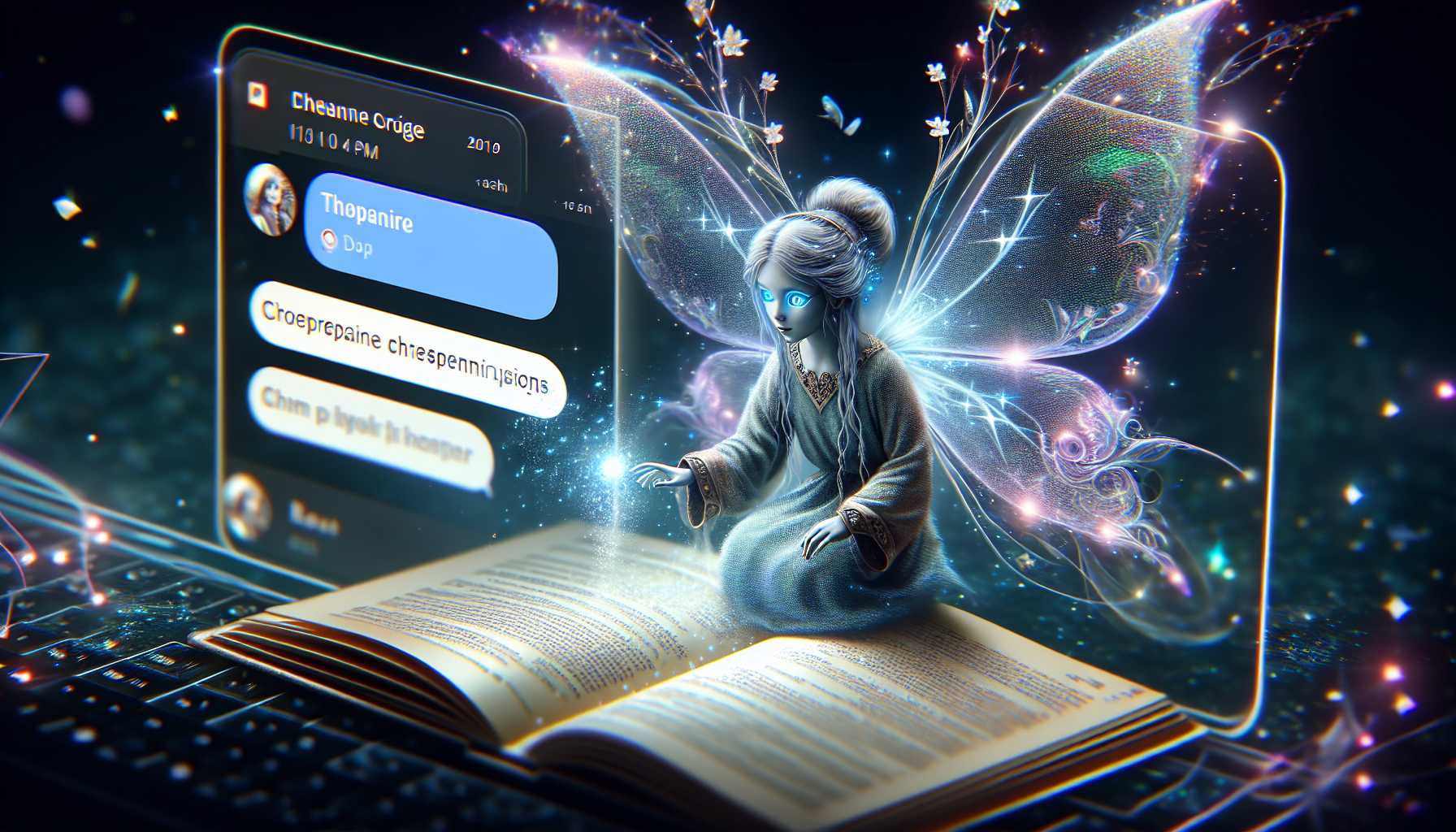 an ethereal AI fairy sprinkling digital dust over a Slack chat interface