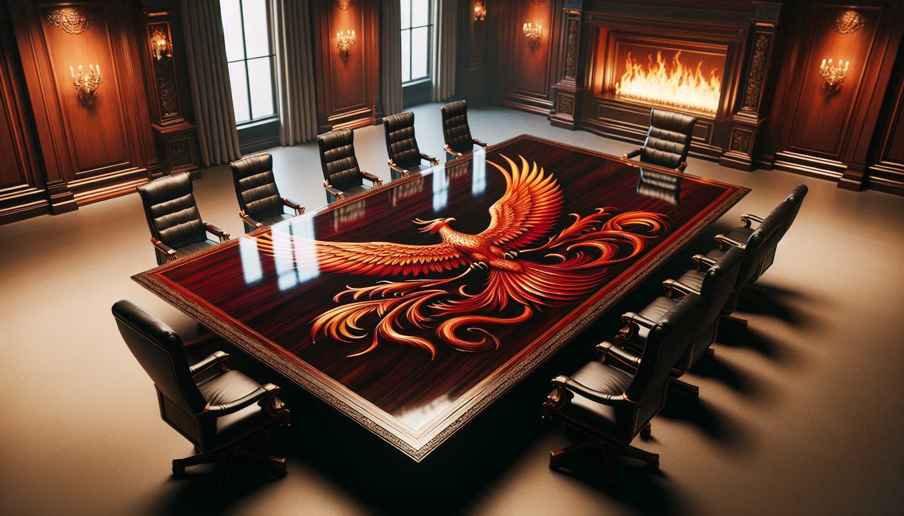 a phoenix-themed boardroom table signifying rebirth and a new beginning