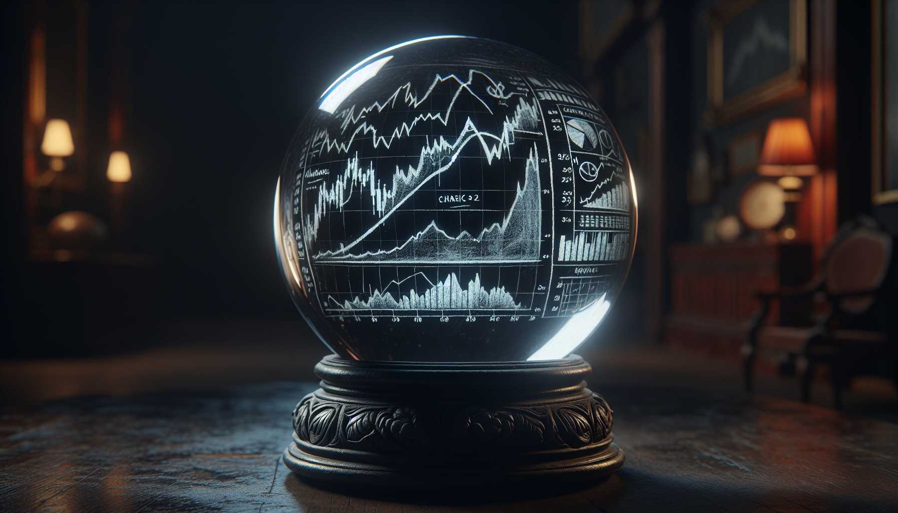 an ominous crystal ball revealing a stock market crash