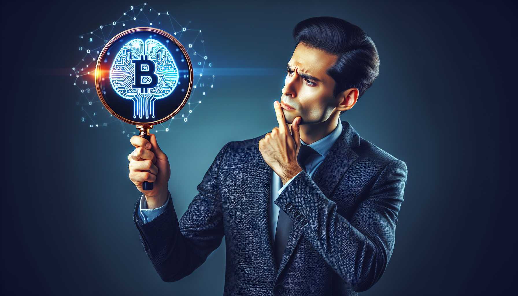 a skeptical analyst examining AI cryptocurrency token with a magnifying glass