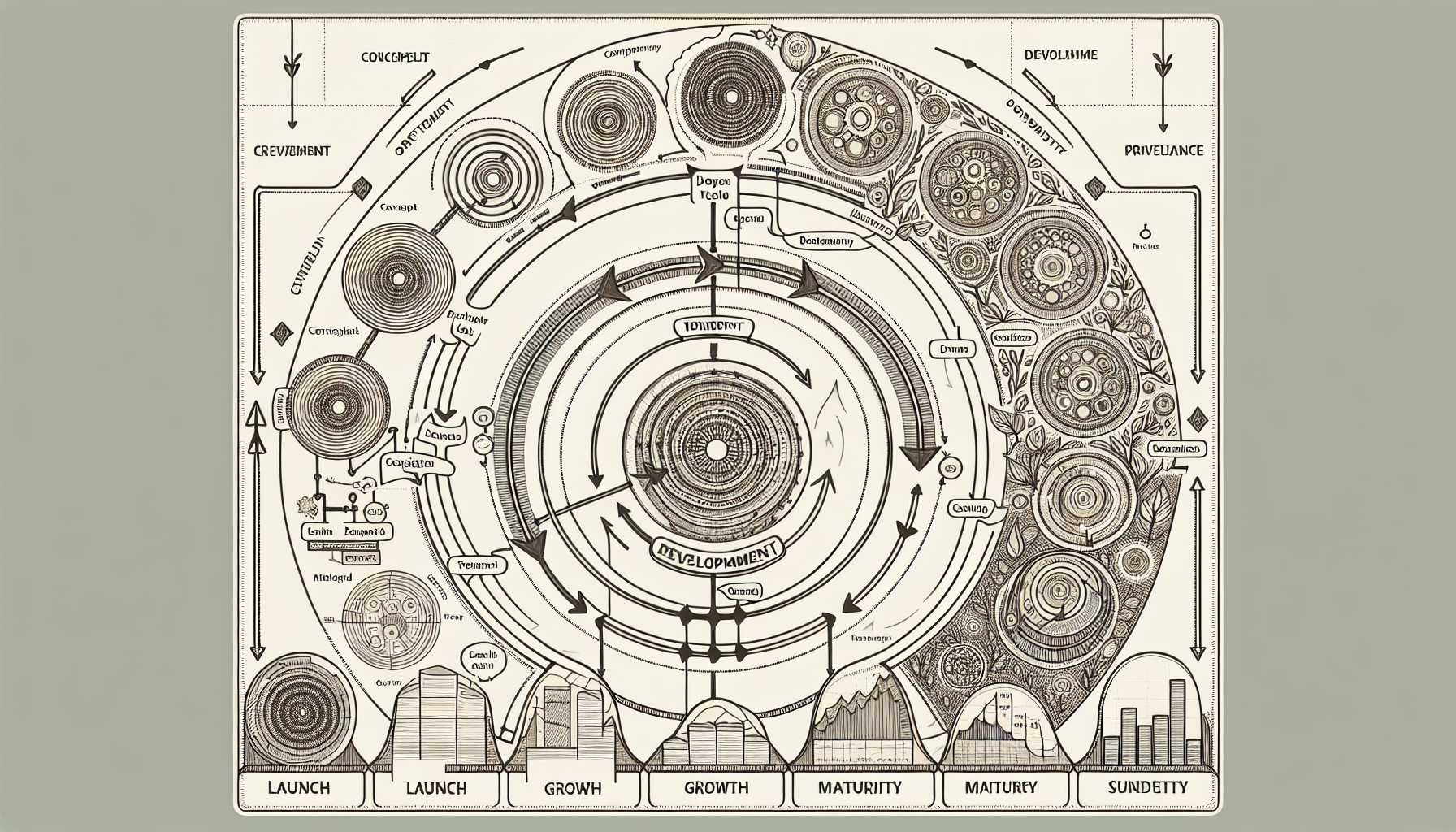 organigram of product lifecycle showing stages from development to sunsetting with transition pathways