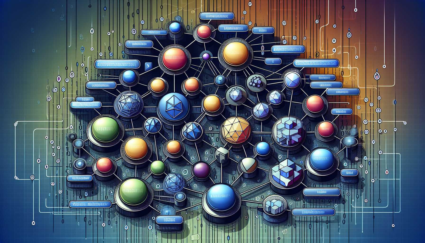 a complex network of interconnected nodes representing software dependencies in a digital ecosystem