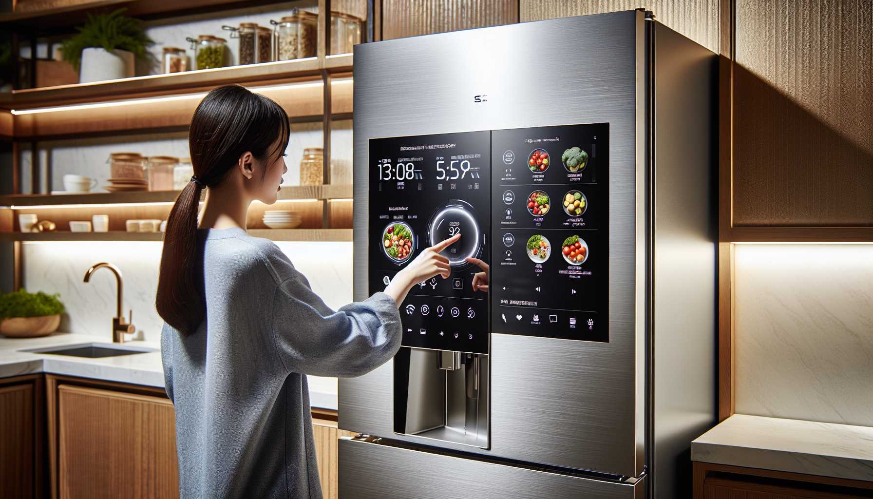 Person using a futuristic connected smart refrigerator with touchscreen