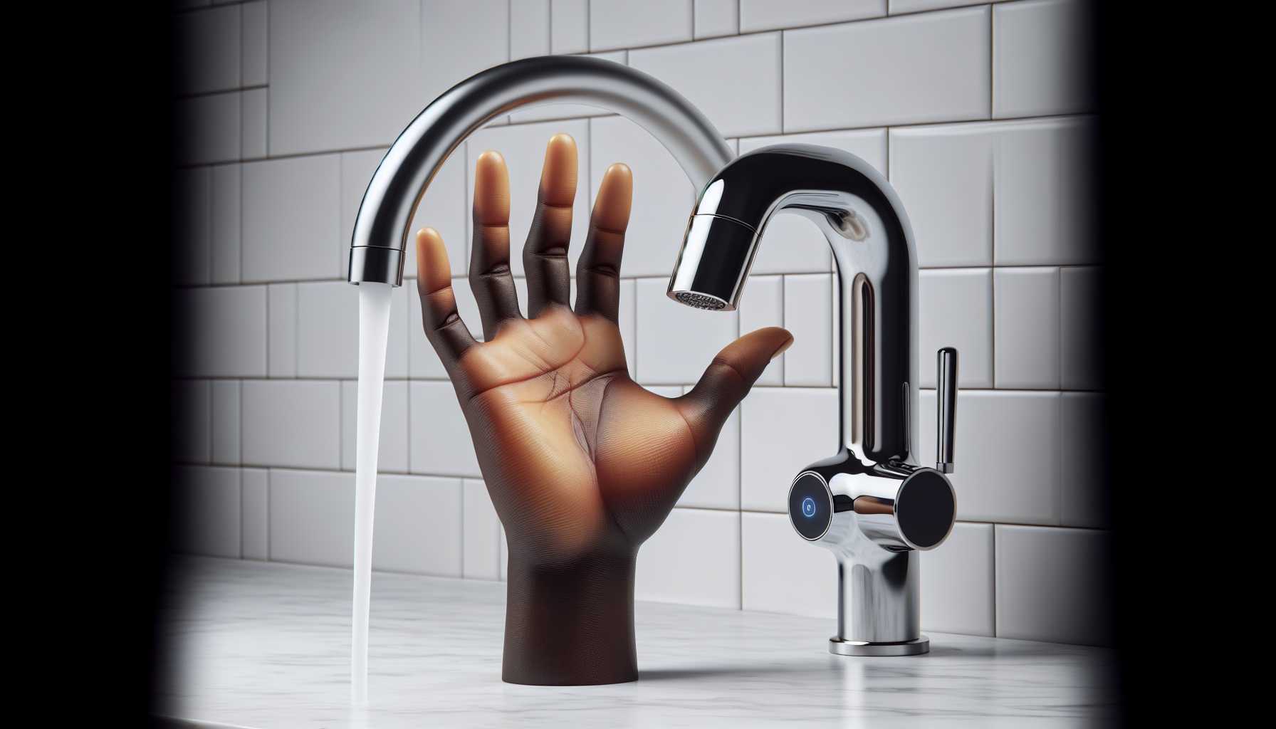 Hand waving over a state-of-the-art smart faucet in stainless steel