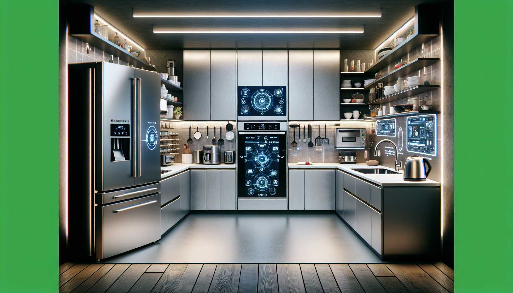 Vision of a fully interconnected smart kitchen with various appliances linking together