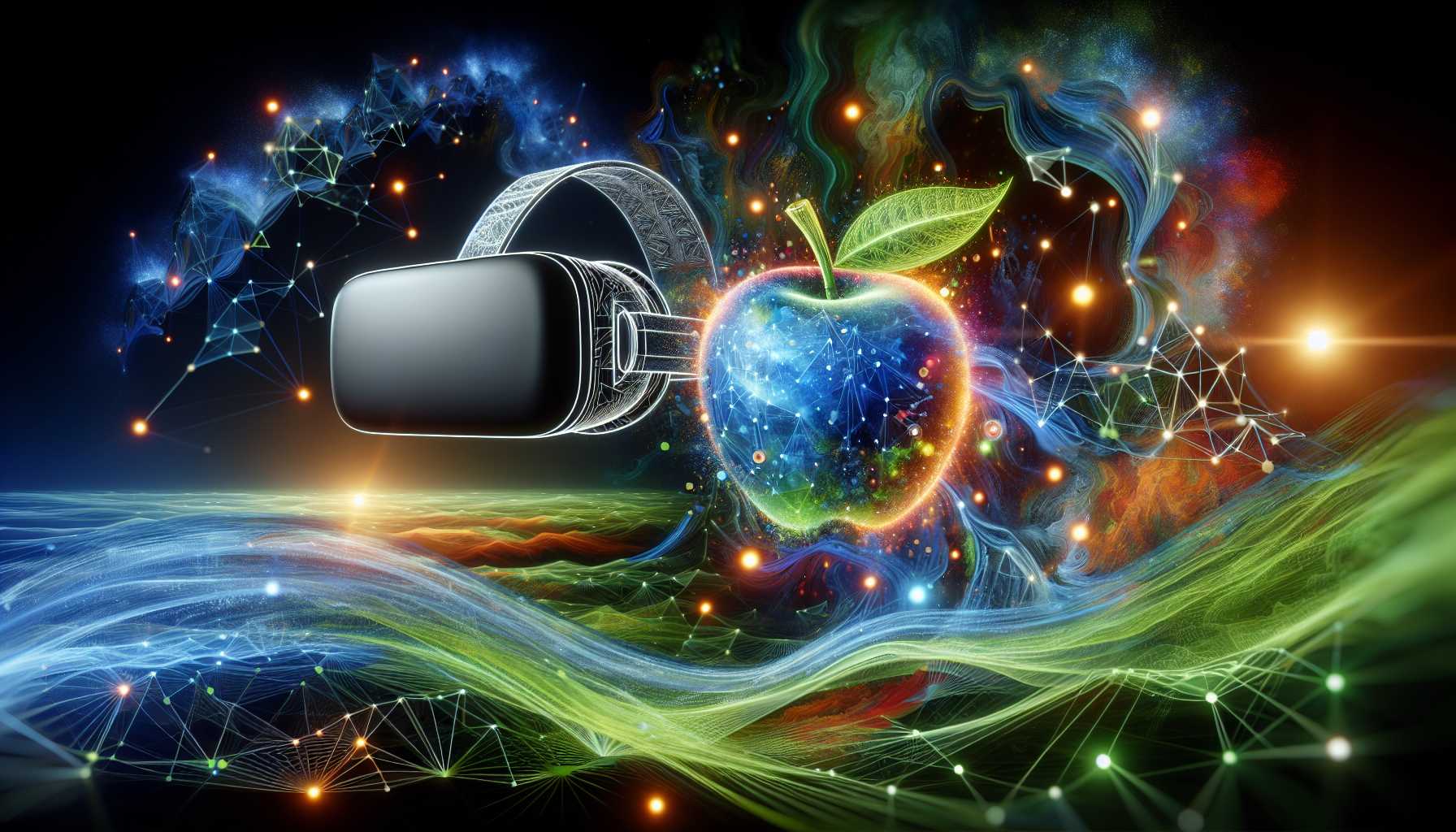 A high-tech virtual reality headset with Apple's logo, set against an abstract digital world