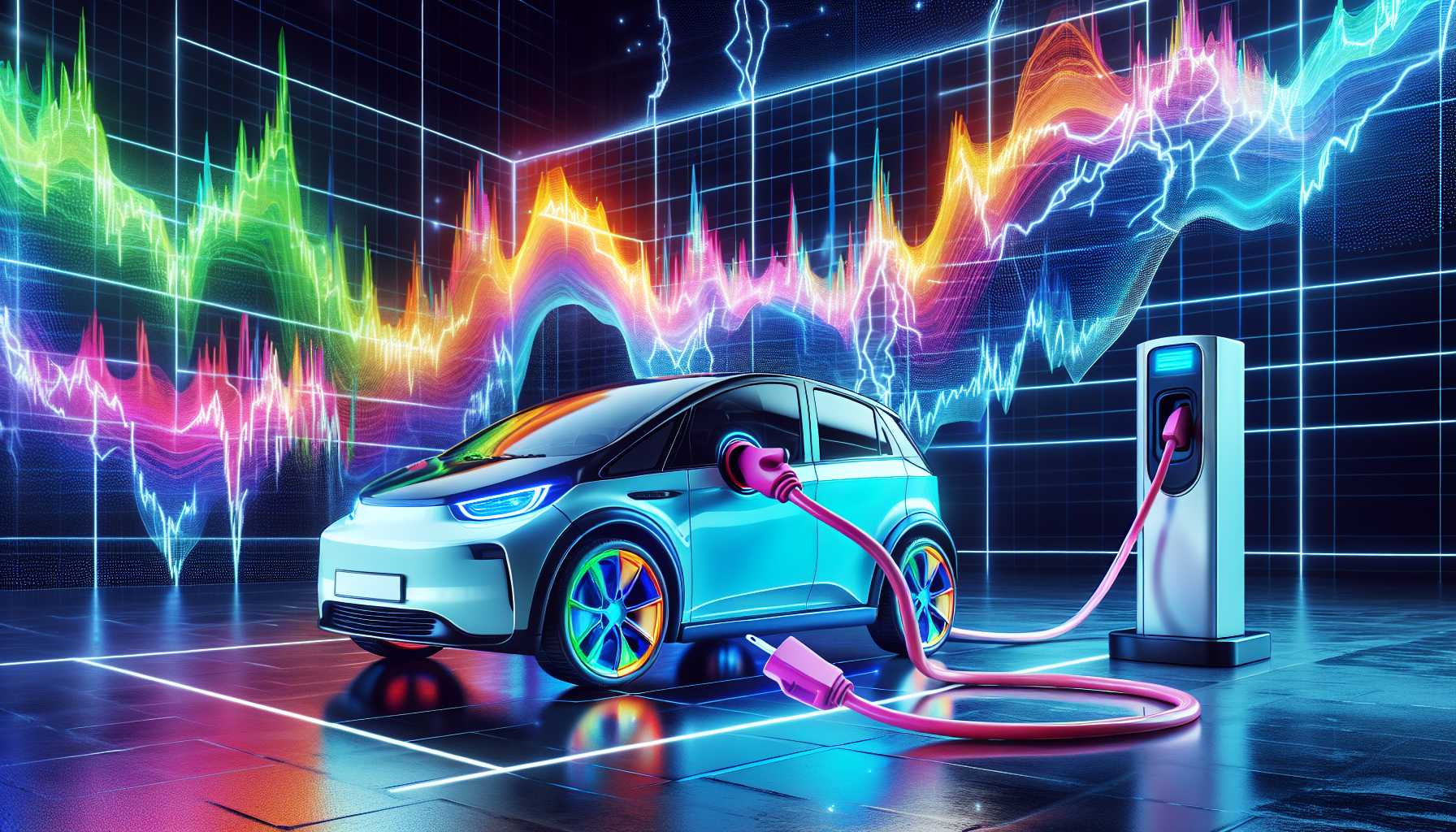 A Tesla car charging with electricity bolts and an abstract representation of a stock graph