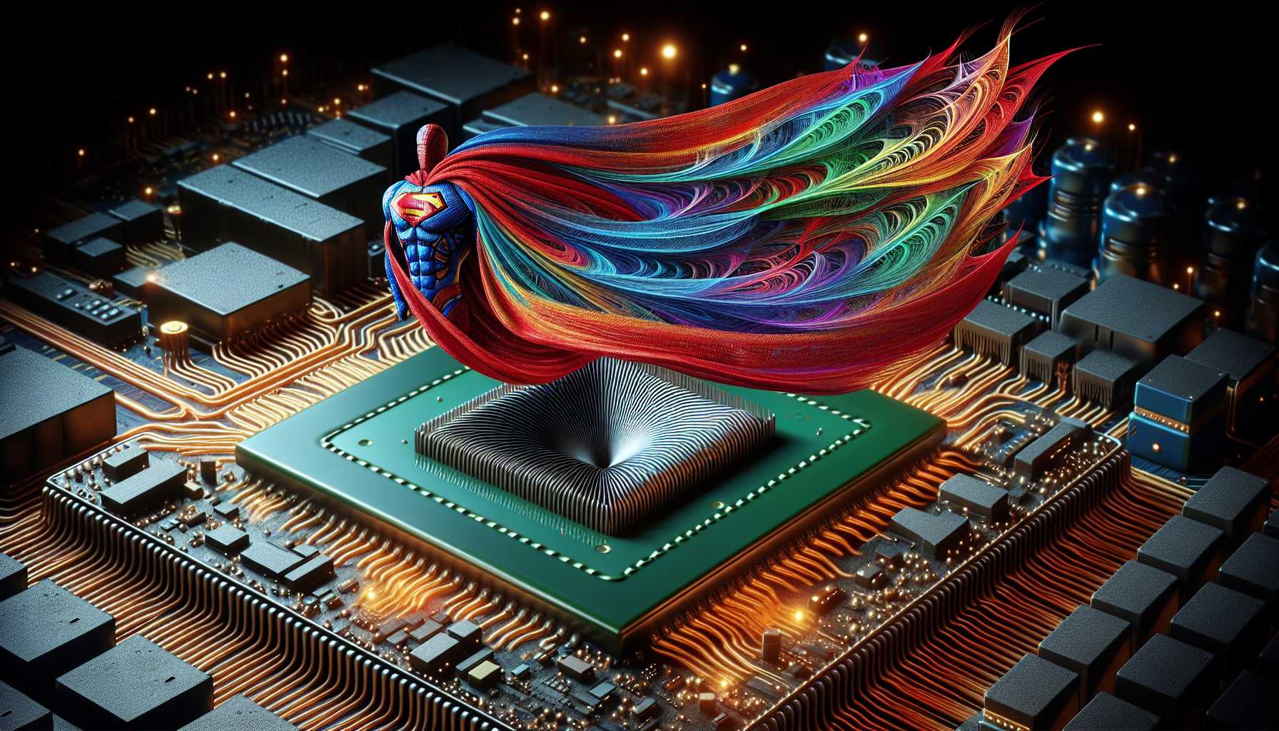 a superhero cape on a semiconductor chip