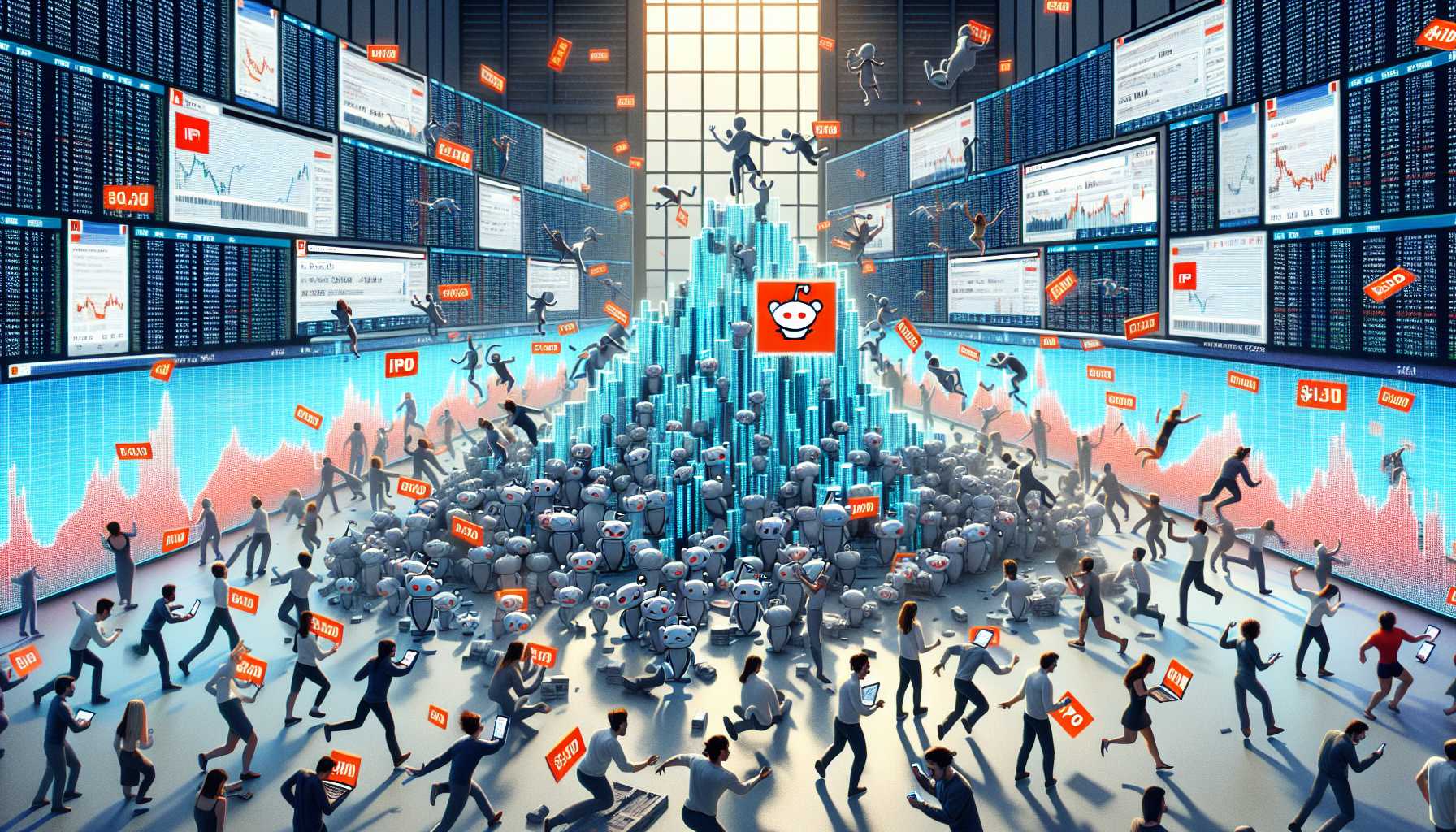 Concept art of Reddit’s IPO with excited users participating