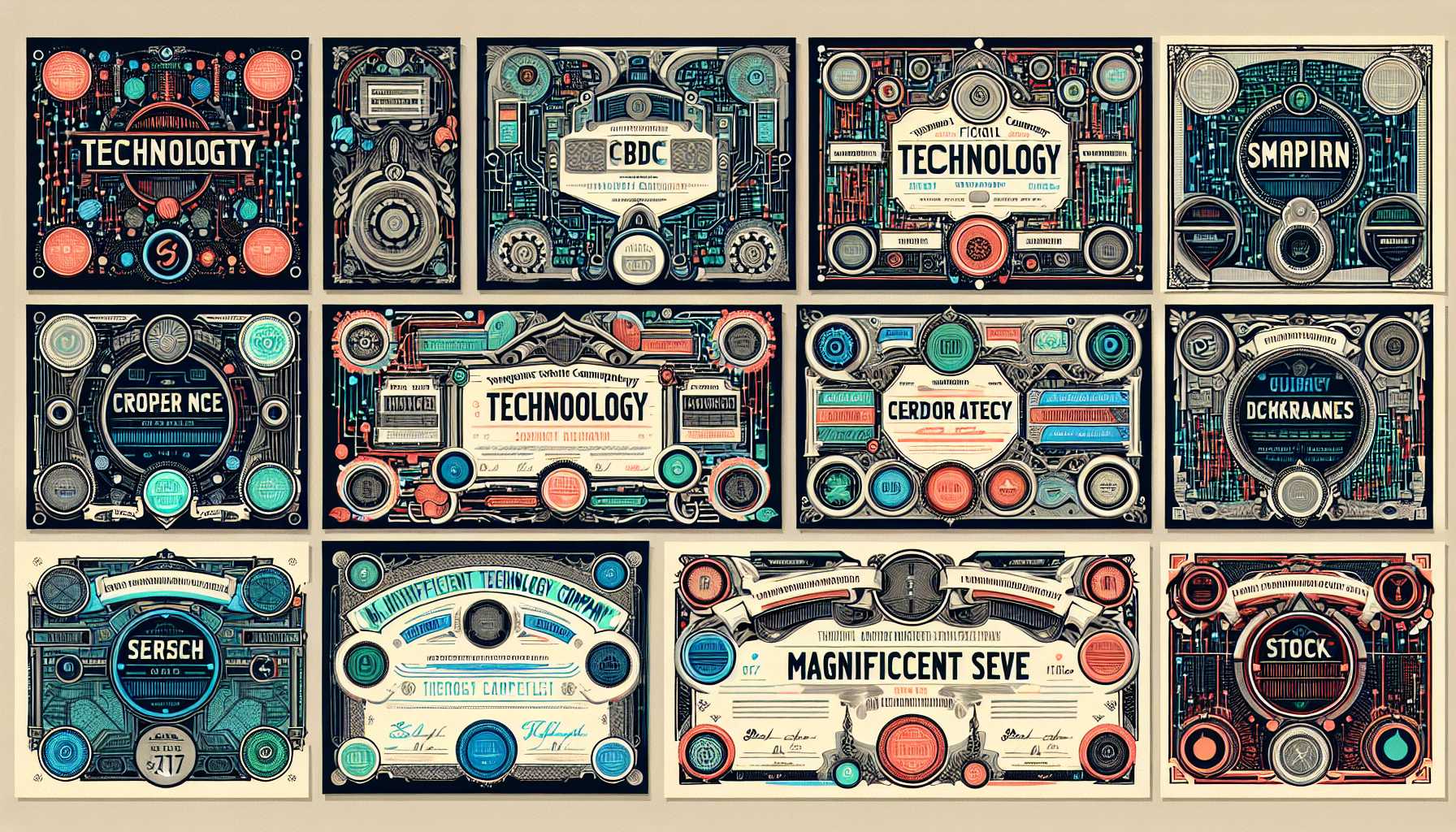 A collection of technology stock certificates with the title 'Magnificent Seven'