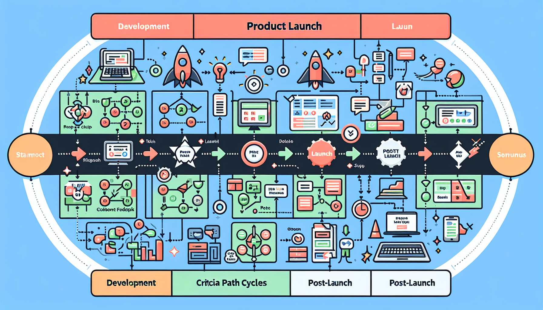 a comprehensive product launch workflow diagram with distinct development, launch, and post-launch phases, including agile cycles and critical path milestones for a tech product