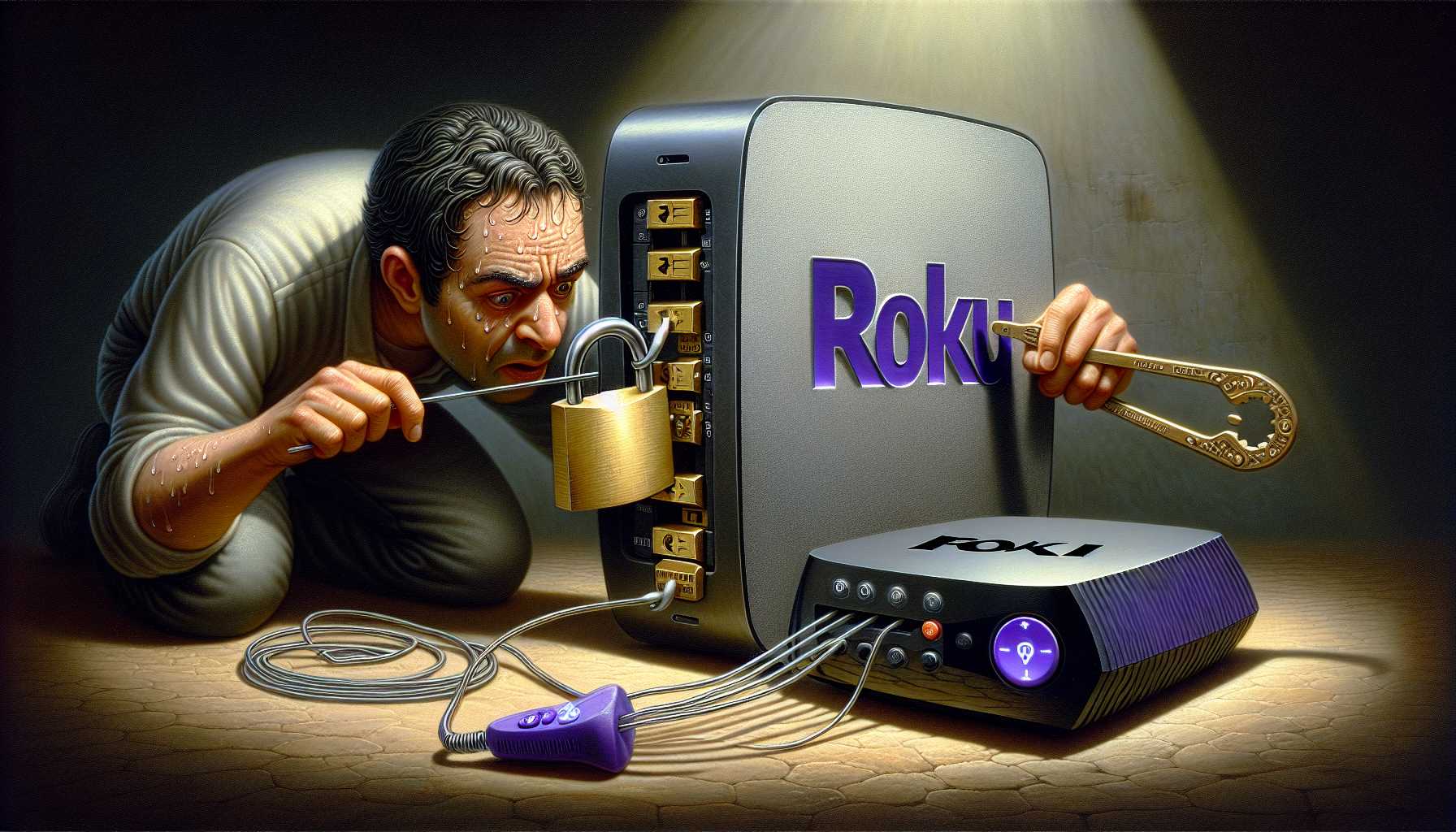 Roku streaming device with a lock being picked by a hacker