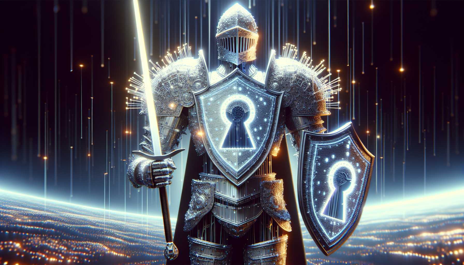 Digital knight wearing armor crafted from VPN network shields and swords