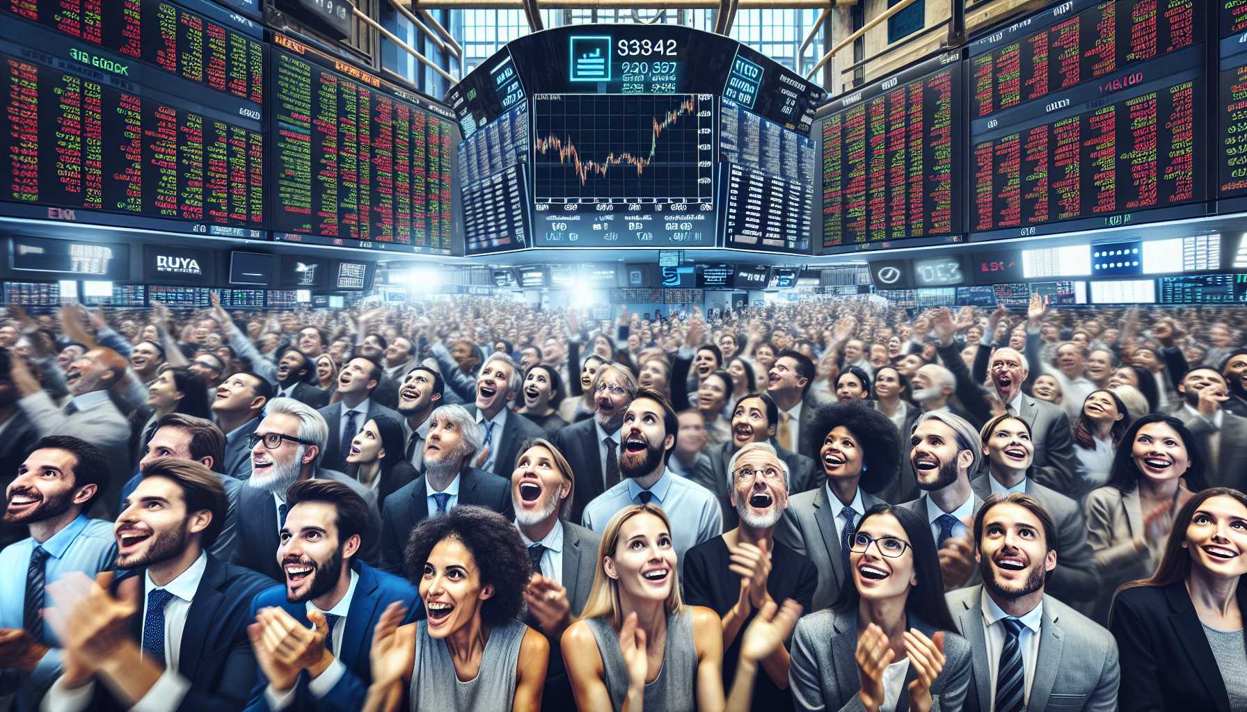 excited crowd at a stock exchange watching Reddit IPO being announced