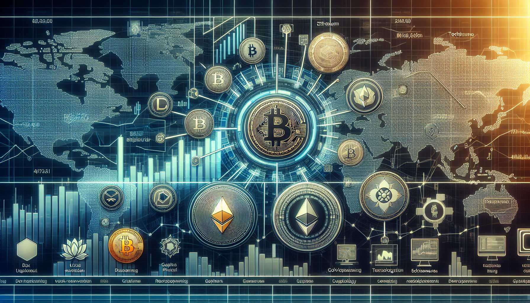 stock market growth charts with cryptocurrency symbols and tech companies like NVIDIA and Oracle