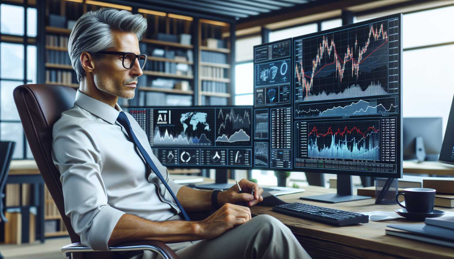 Stanley Druckenmiller studying AI and technology stock investments on multiple computer screens