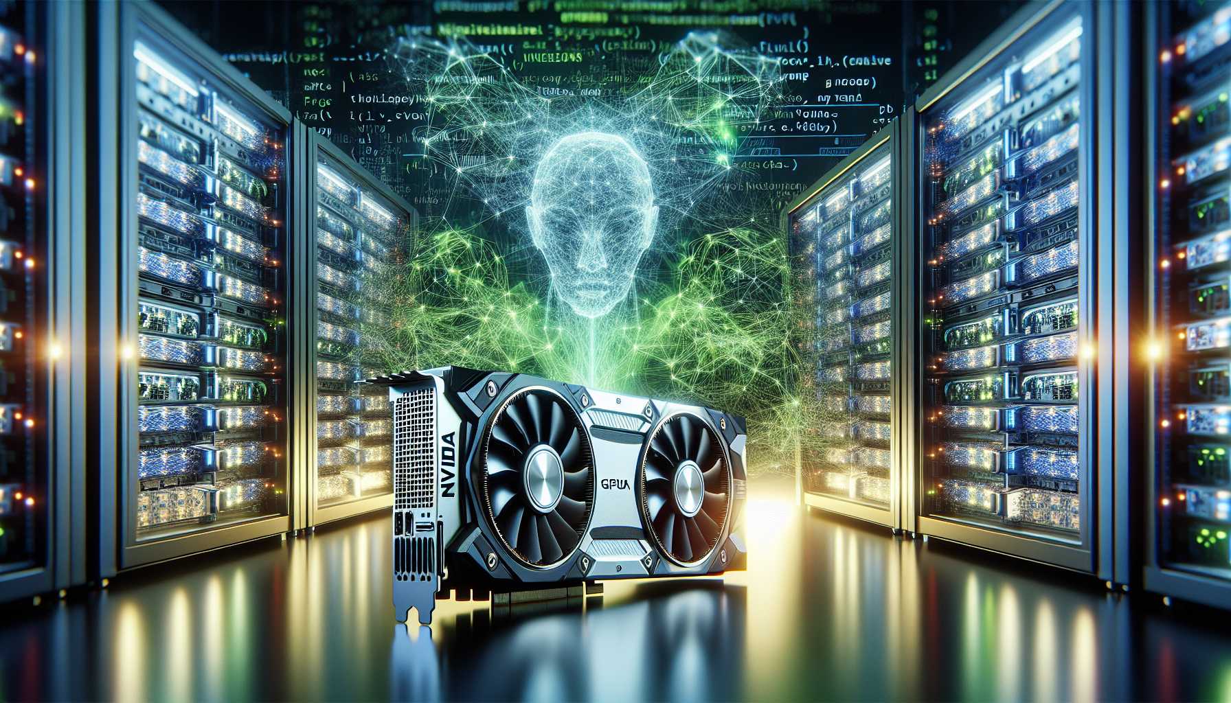 NVIDIA GPU and Supermicro server shining amidst a backdrop of AI code and neural networks