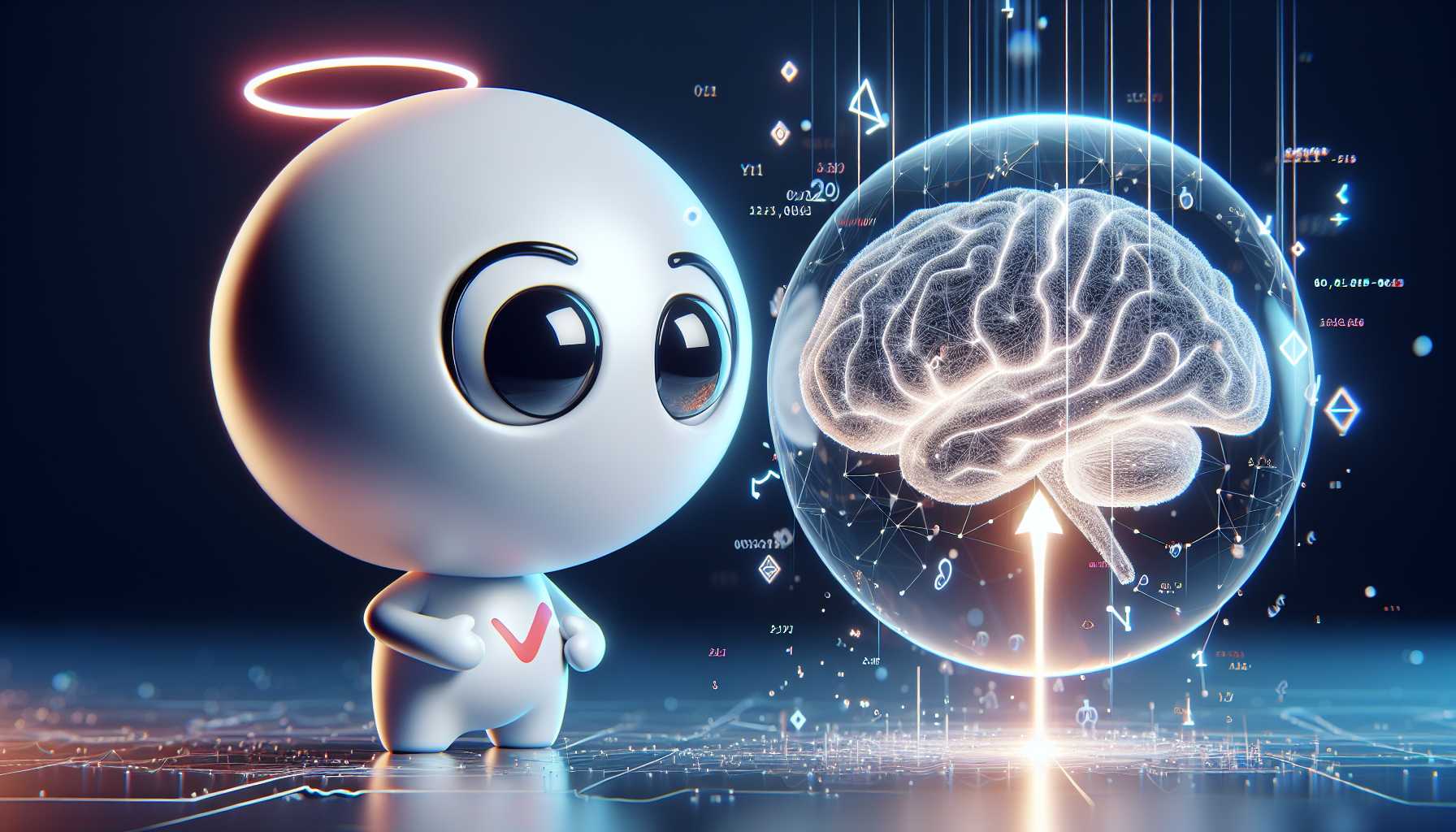 Reddit mascot snoo looking curiously at an AI brain, representing Reddit's IPO and AI strategy