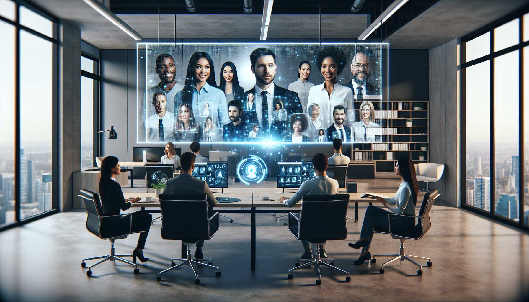 holographic projection of digital people in a modern office