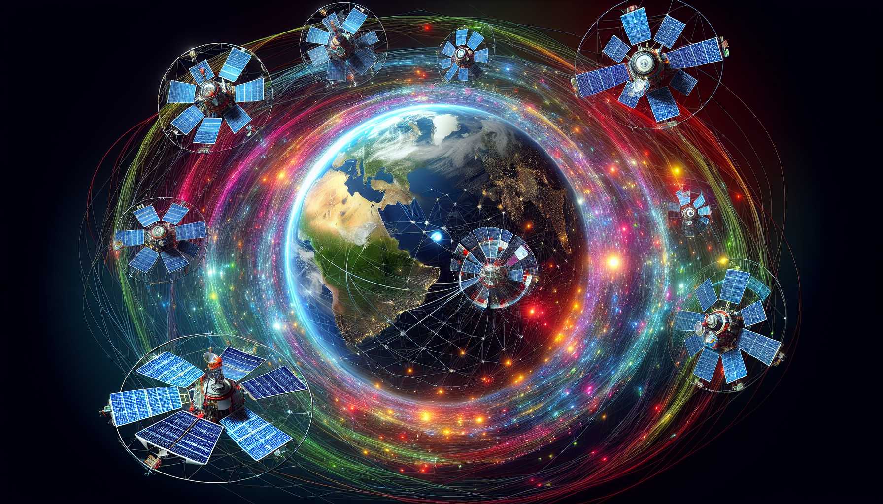 satellites orbiting Earth with data beams connecting to a global network